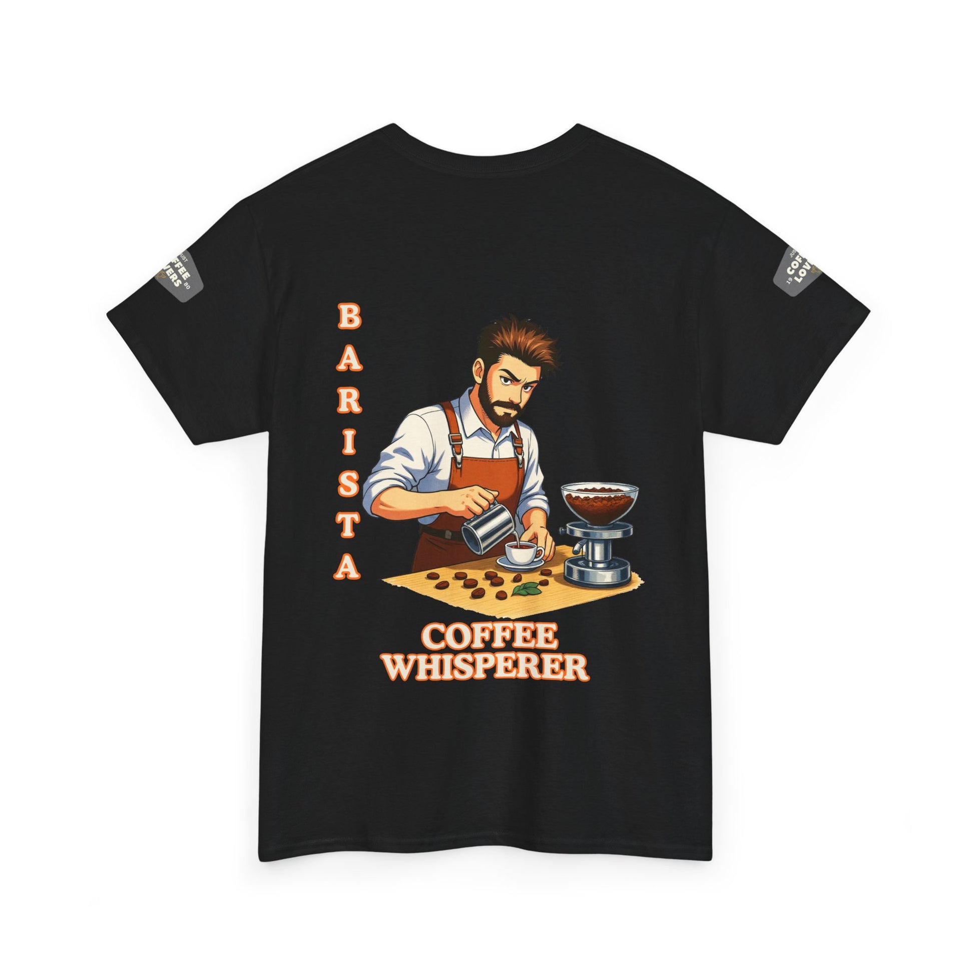 Coffee Lovers Cotton Tee for Male Barista,  Black t-shirt with a graphic of a barista and 'Barista Coffee Whisperer' text on a white background