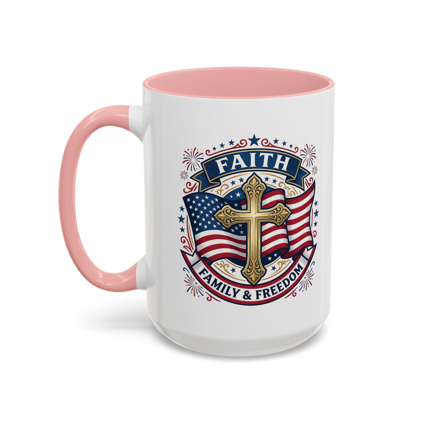 Faith, Family & Freedom Accent Coffee Mug — Patriotic Cross Mug  (USA 250th)