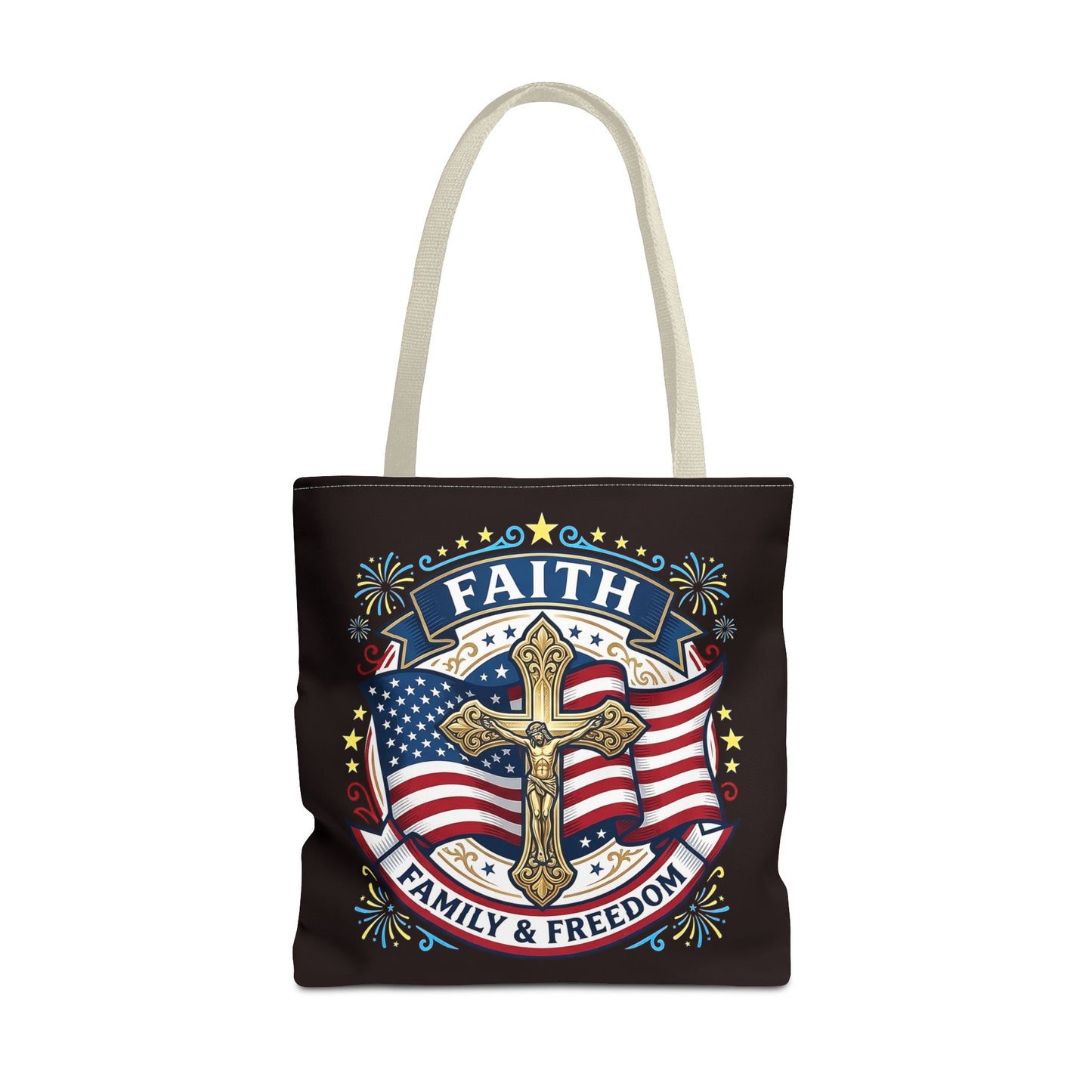 Faith, Family & Freedom Cross Bag — Patriotic American Flag Canvas Tote (USA 250th)