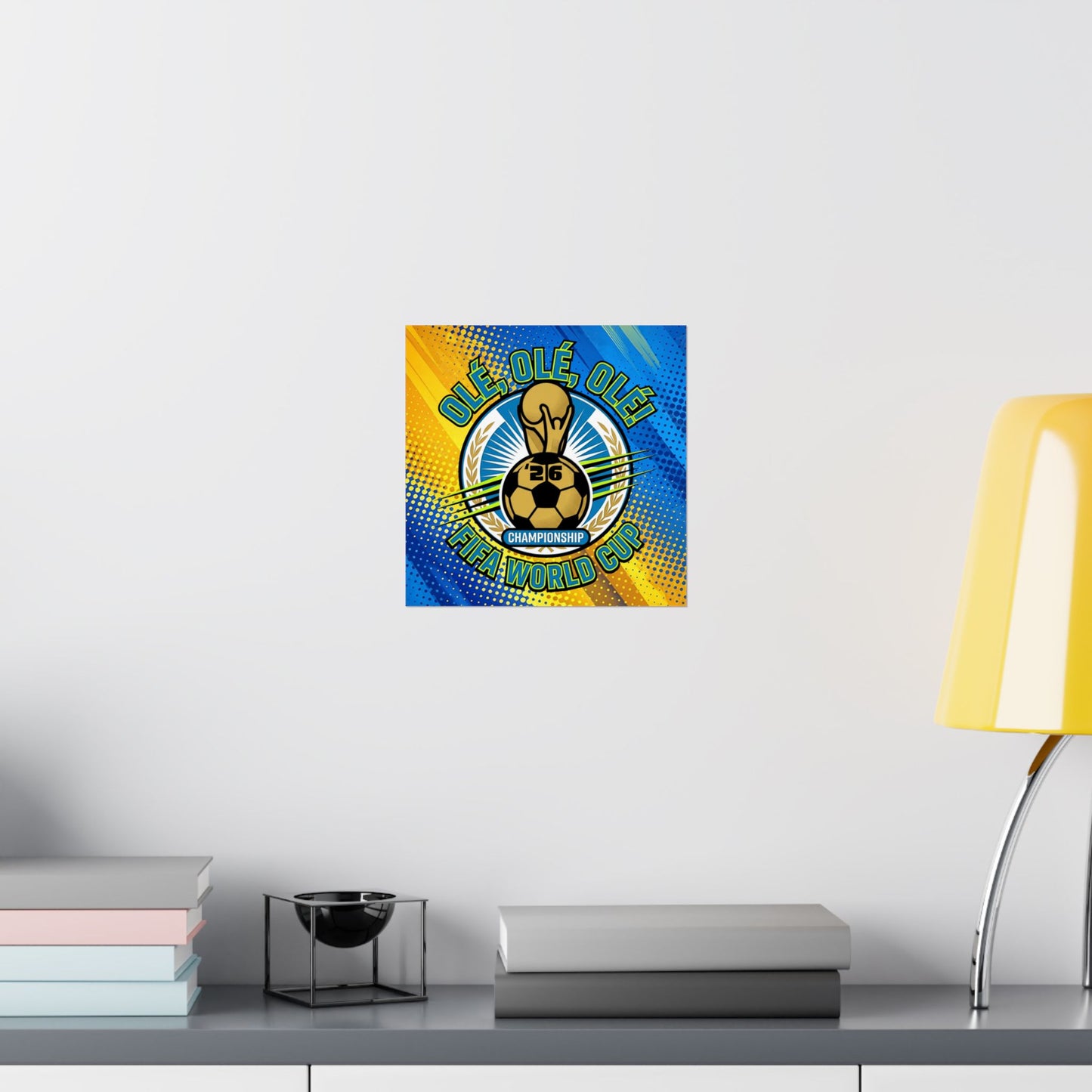 Decorative wall art with a soccer ball design on a white wall above a shelf.