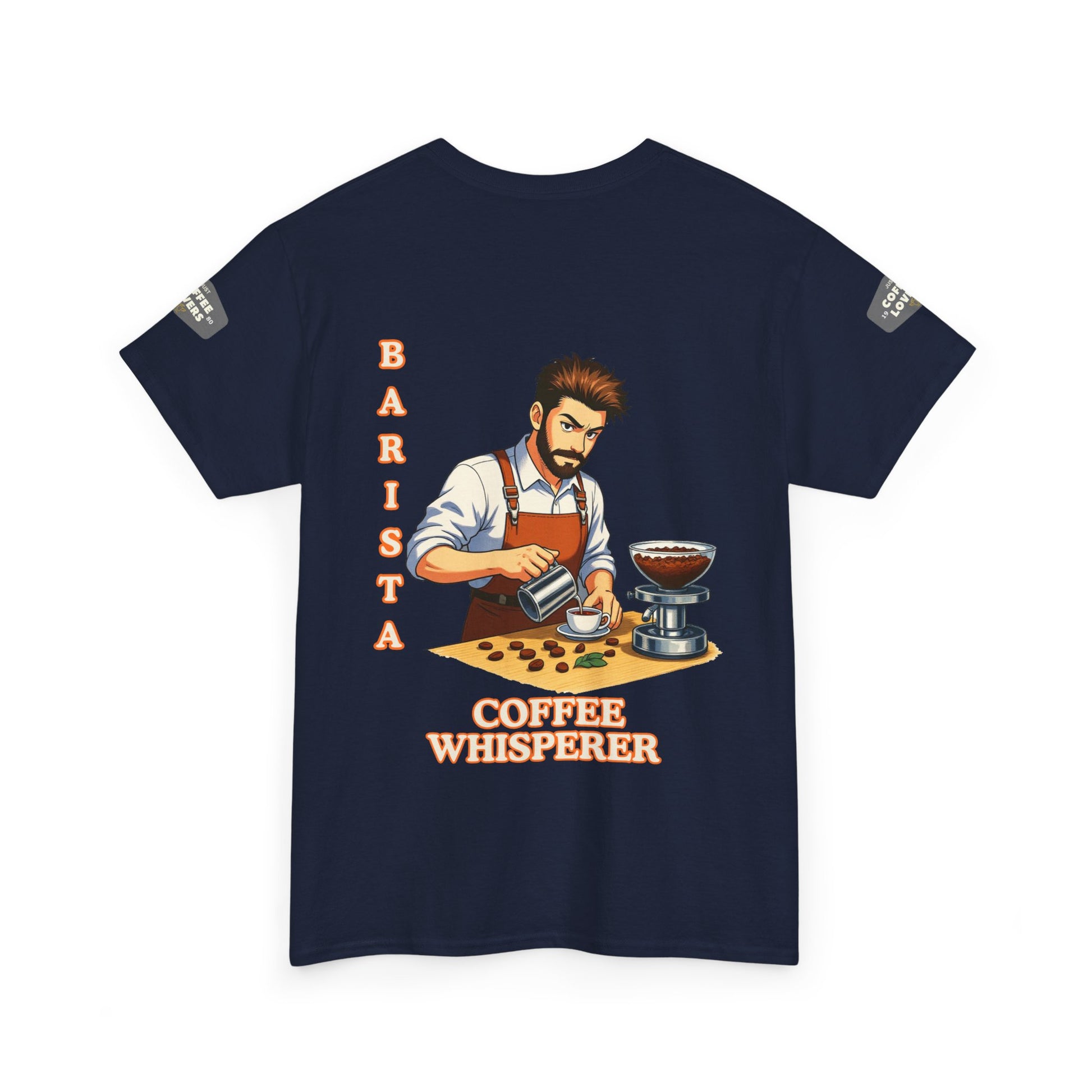 Coffee Lovers Cotton Tee for Male Barista,  Navy blue t-shirt with a graphic of a barista and 'Barista Coffee Whisperer' text on a white background