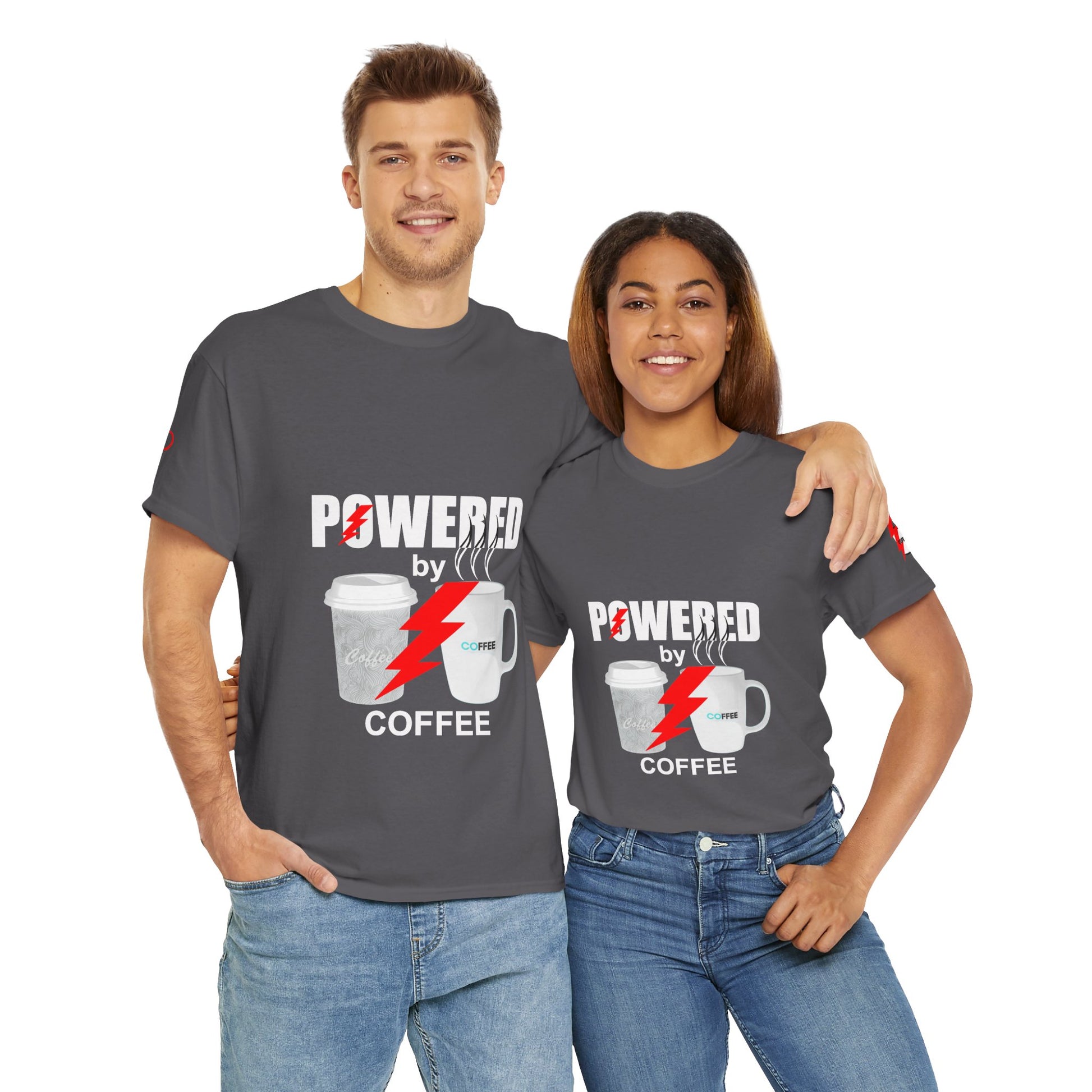 Coffee Lovers Cotton T-shirt - Powered by Coffee. Two people wearing gray t-shirts with 'Powered by Coffee' design on a white background