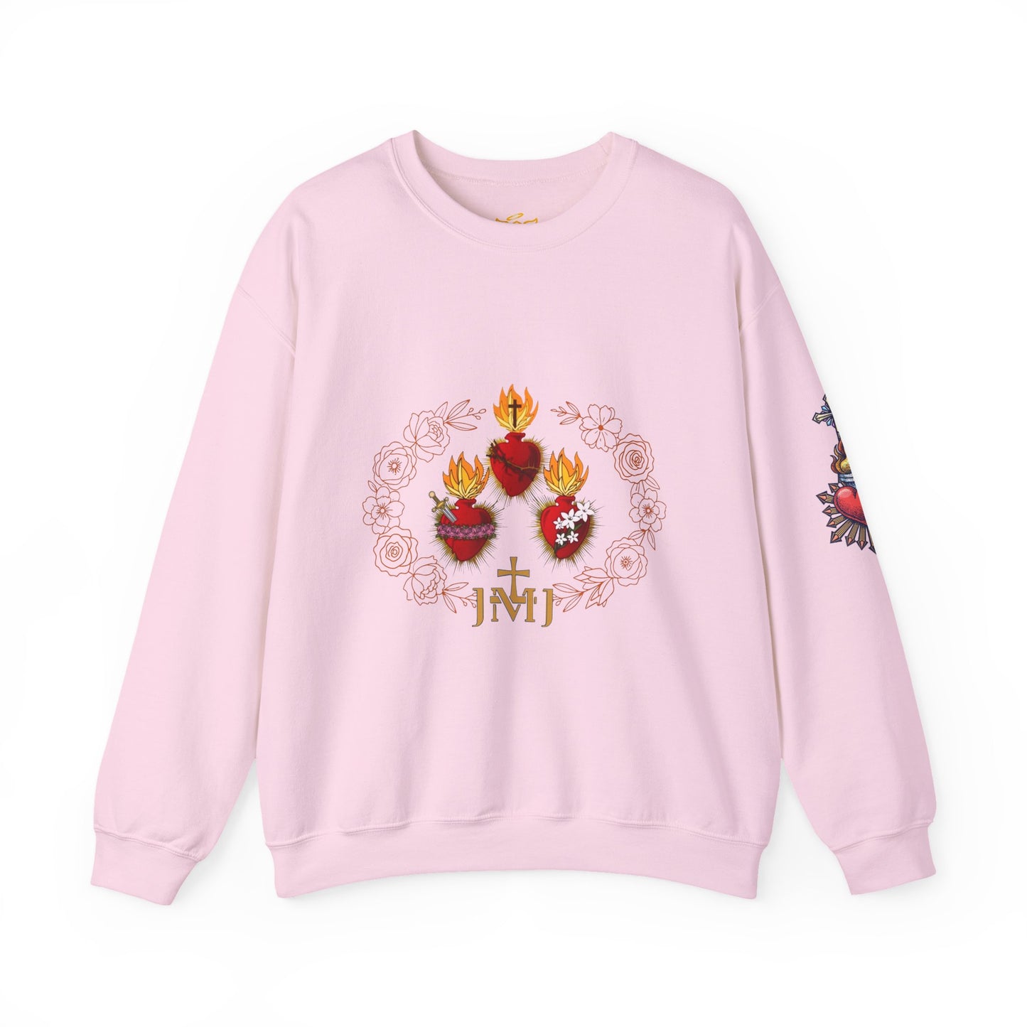 Sacred Hearts Crewneck Sweatshirt — Three Flaming Hearts with JMJ Cross (CT)