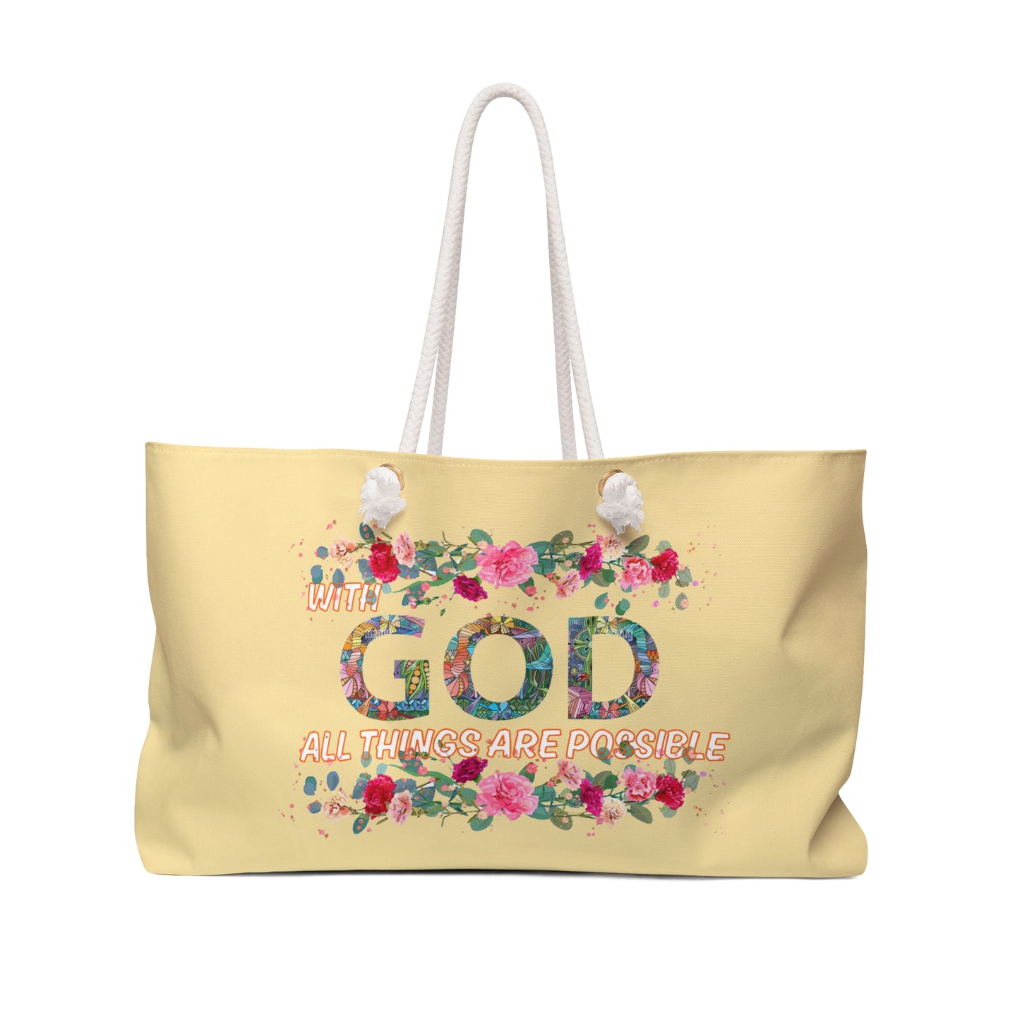 Yellow tote bag with floral design and motivational quote on a white background