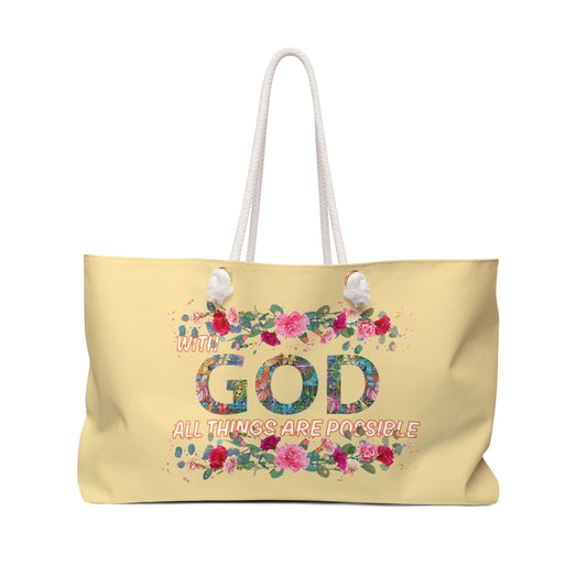 Yellow tote bag with floral design and motivational quote on a white background