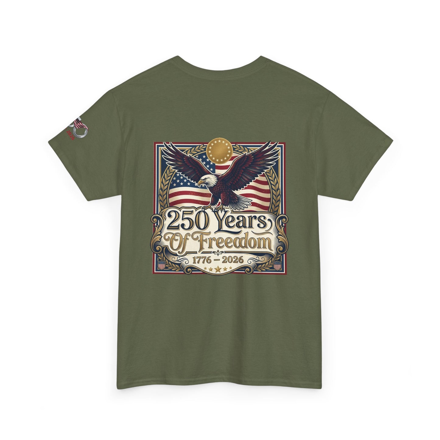 250 Years of Freedom T-Shirt — USA 250TH Anniversary Patriotic Eagle Tee, Green t-shirt with '250 Years of Freedom' design featuring an eagle and American flag on a white background.
