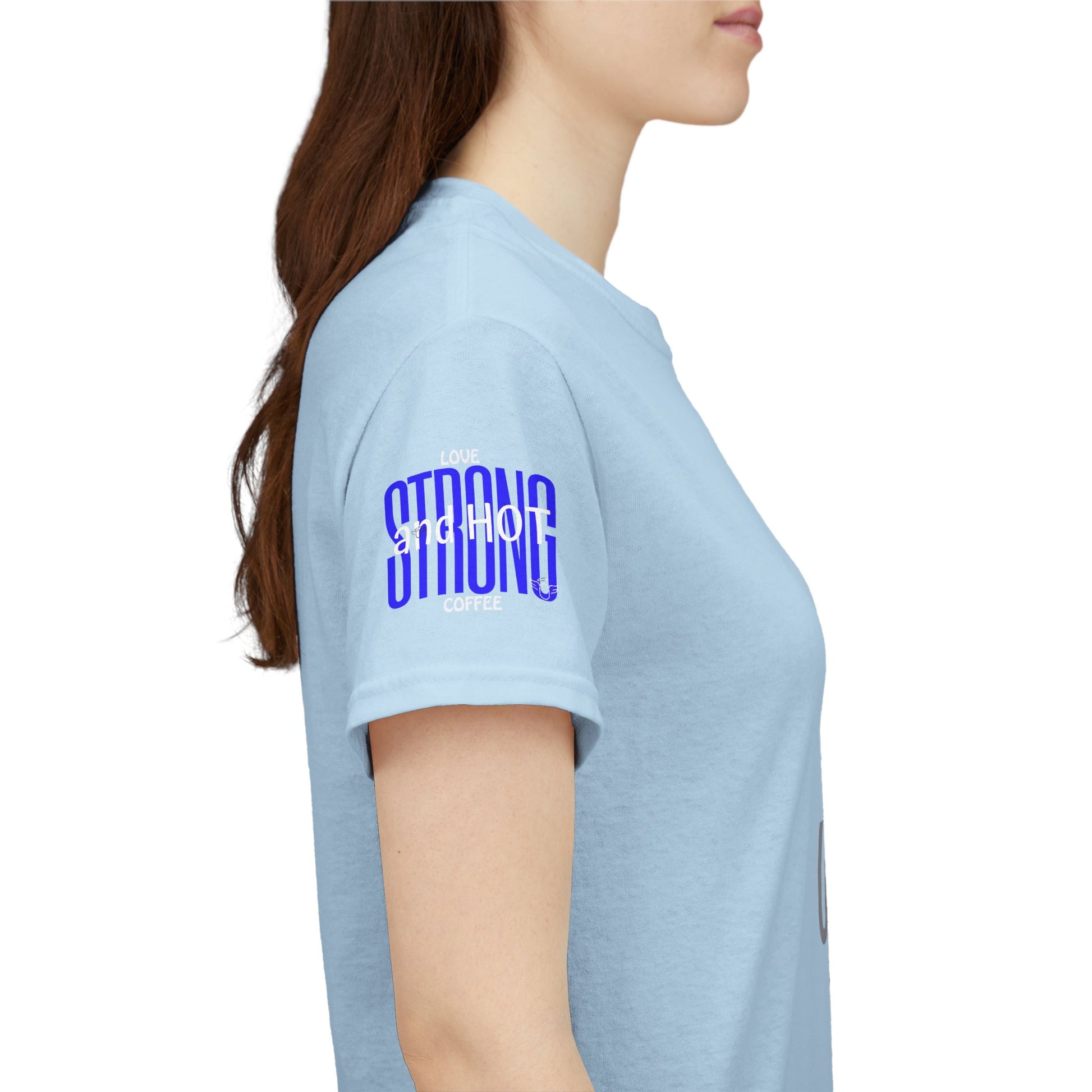 Coffee Lover Heavy Cotton Tee - I Love My Coffee Strong and Hot, Light blue t-shirt with 'STRONG and HOPE' text on a white background