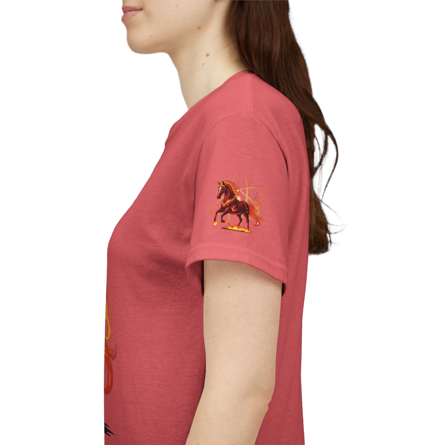 Lunar New Year Fiery Horse Novelty T-Shirt, Person wearing a red t-shirt with a horse graphic on a white background