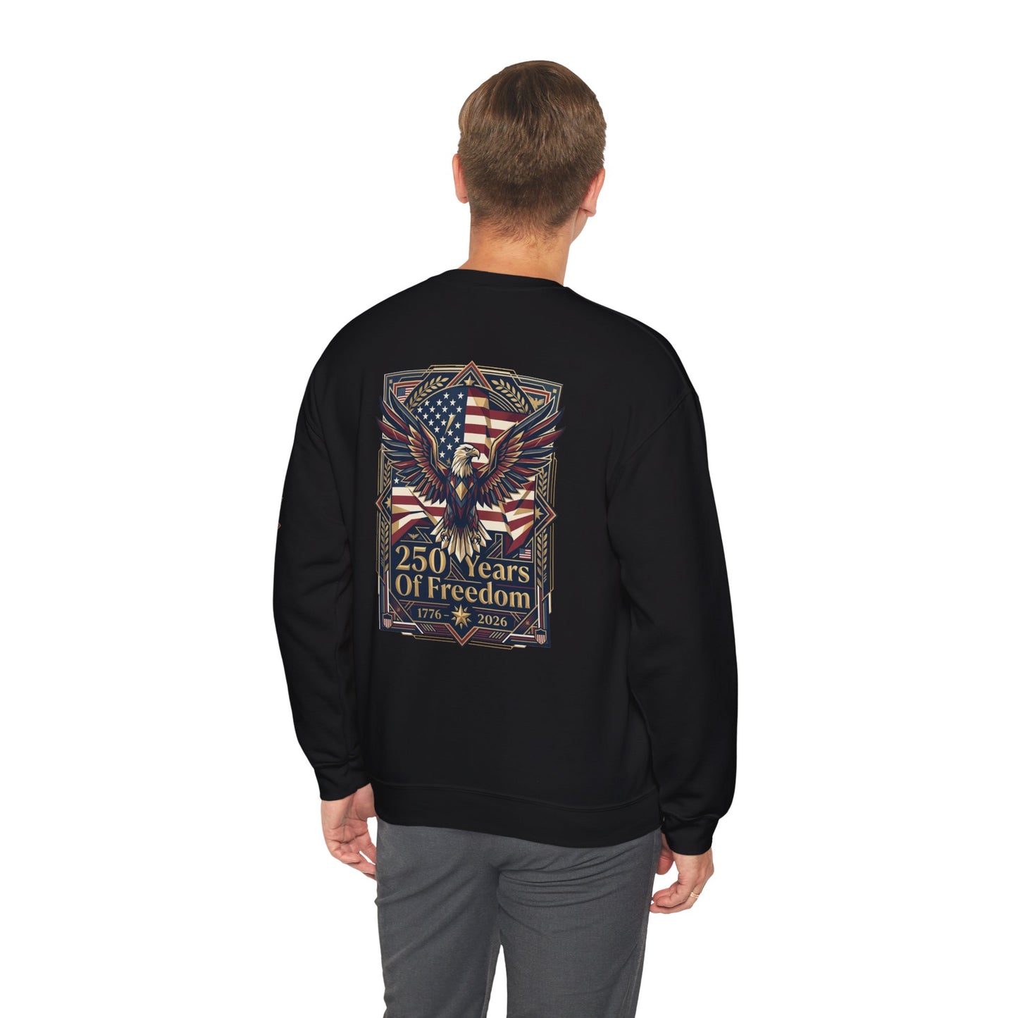 USA 250th ANNIVERSARY Crewneck Sweatshirt , Person wearing a black sweatshirt with a dragon design on the back, standing against a white background.