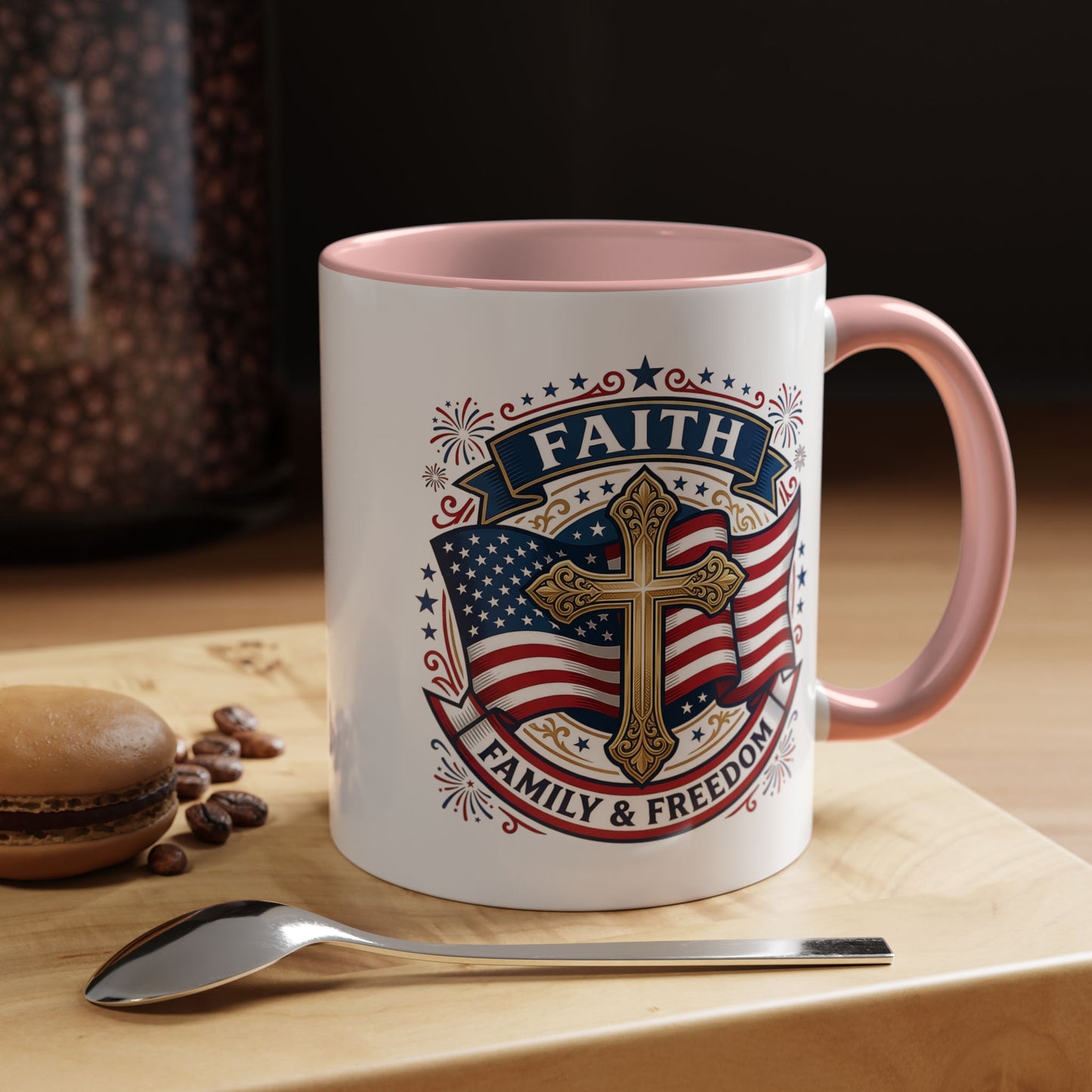 Faith, Family & Freedom Accent Coffee Mug — Patriotic Cross Mug  (USA 250th)