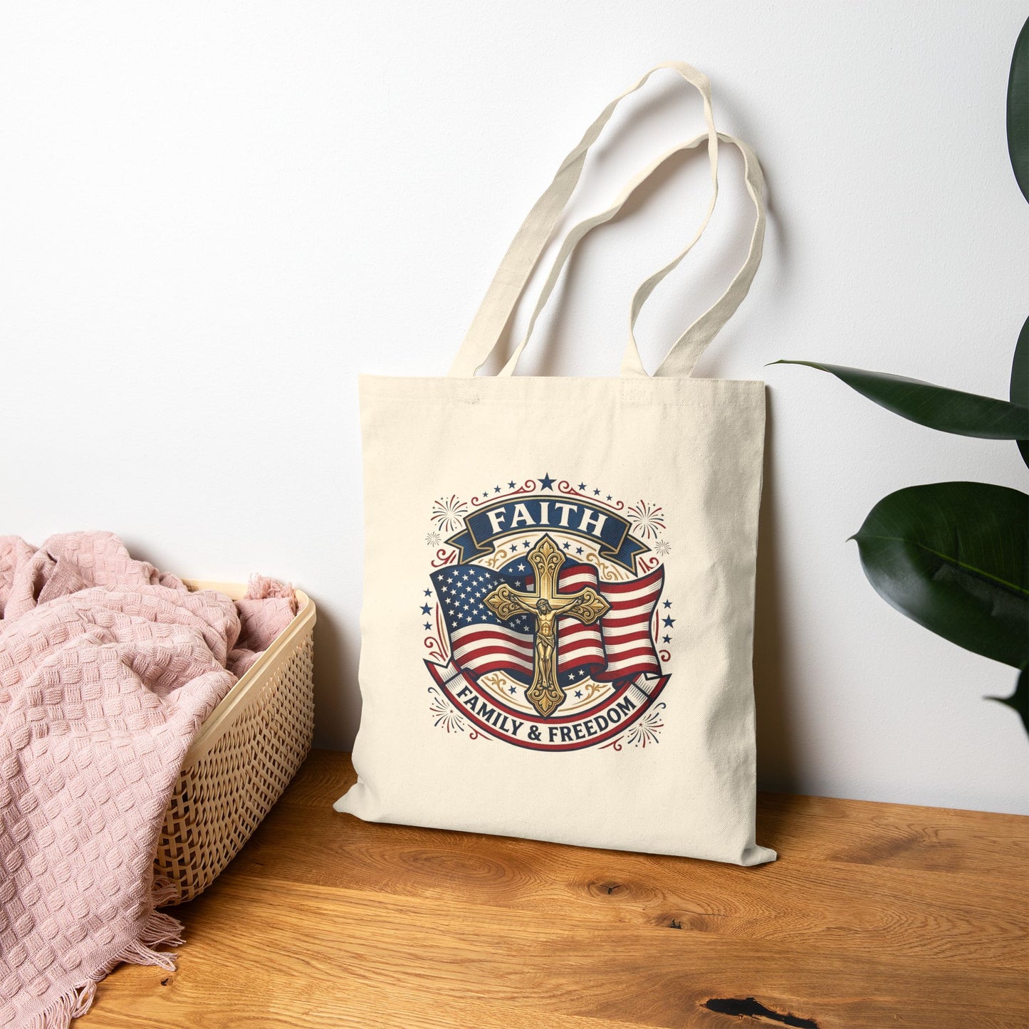Catholic Faith, Family & Freedom Canvas Tote — Patriotic American Flag Shopping Bag (USA 250th)