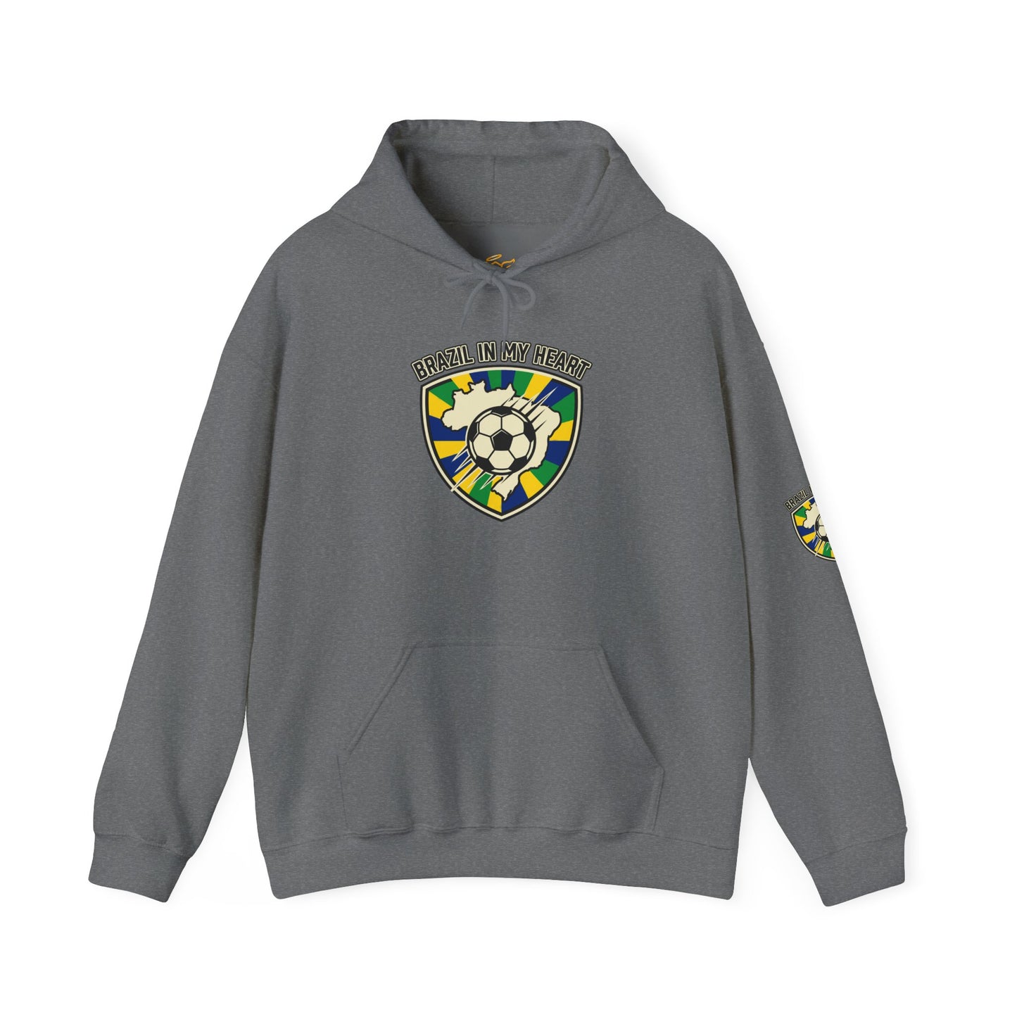 Navy blue hoodie with graphic design on a white background | Brazil Pride Shield Soccer Hoodie | Brazil retro soccer hoodie