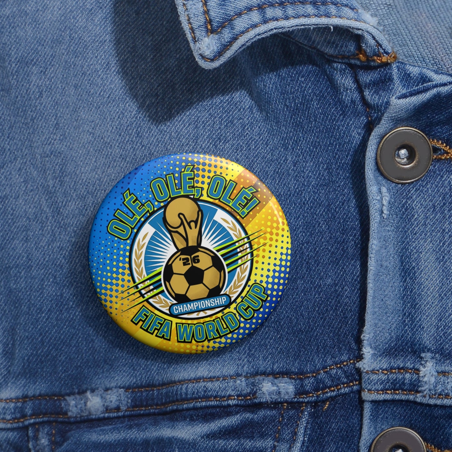 FIFA World Cup Soccer Pin Button , FIFA World Cup button badge on a denim jacket