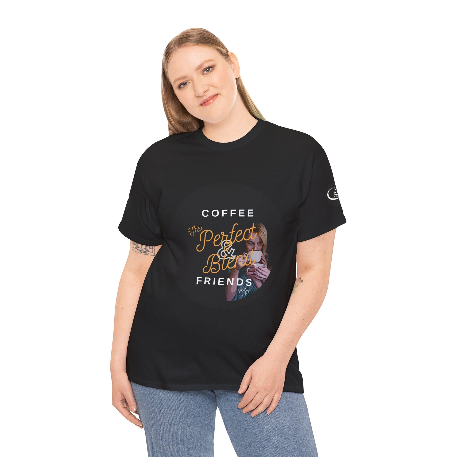 Coffee Lovers Ladies Tee - COFFEE and FRIENDS the Perfect Blend, Person wearing a black t-shirt with a graphic design and text on a white background