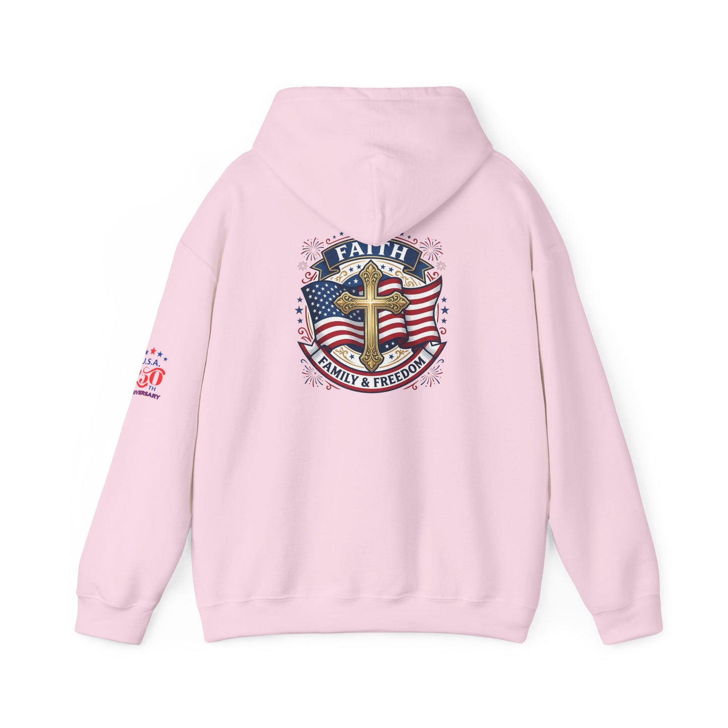 Faith, Family & Freedom Hoodie — Patriotic Cross American Flag Sweatshirt (USA 250th)