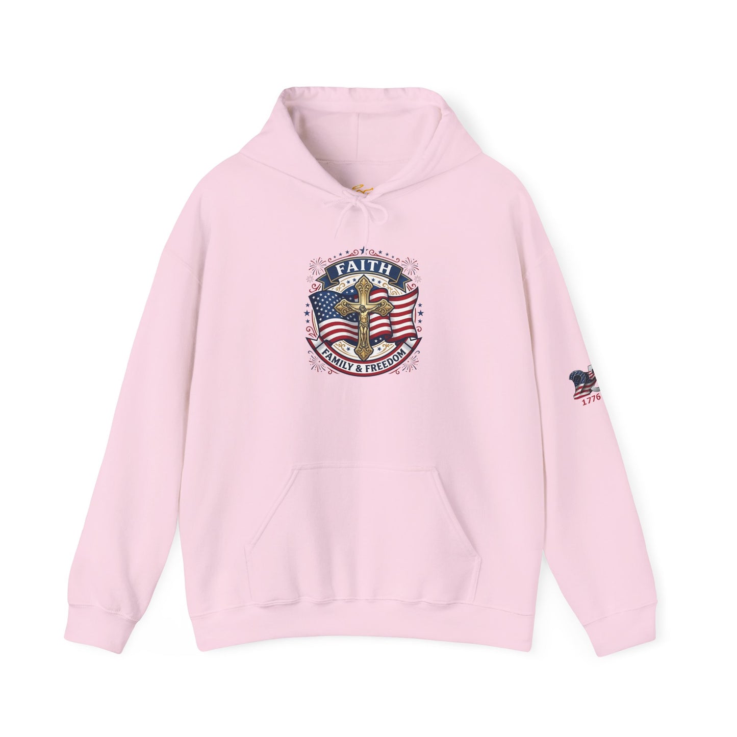 Catholic Faith, Family & Freedom Hoodie - Patriotic American Flag Cross Pullover (USA 250th)