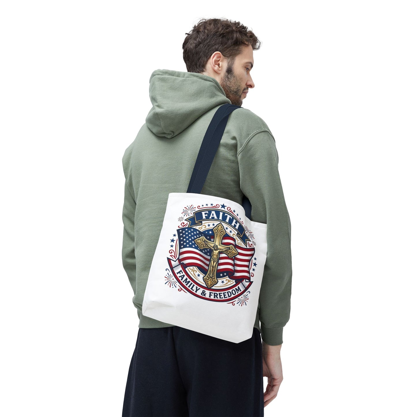 Faith, Family & Freedom Tote Bag — Patriotic Cross American Flag Tote (USA 250th)