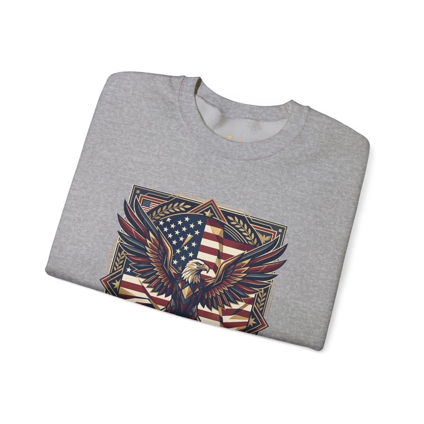 Folded gray t-shirt with an eagle and American flag design on a white background