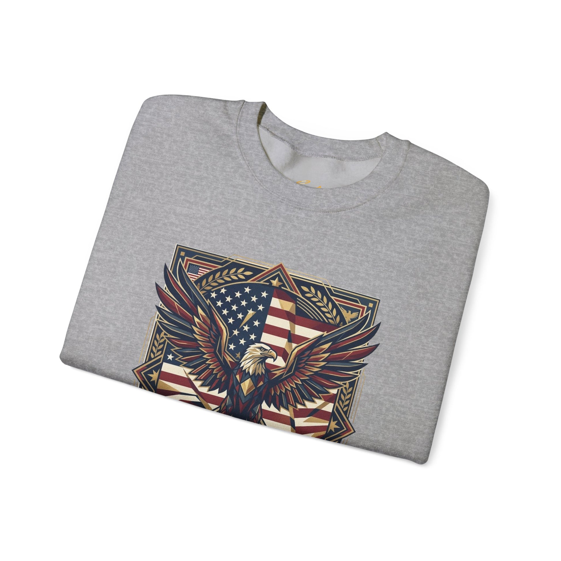 Folded gray t-shirt with an eagle and American flag design on a white background