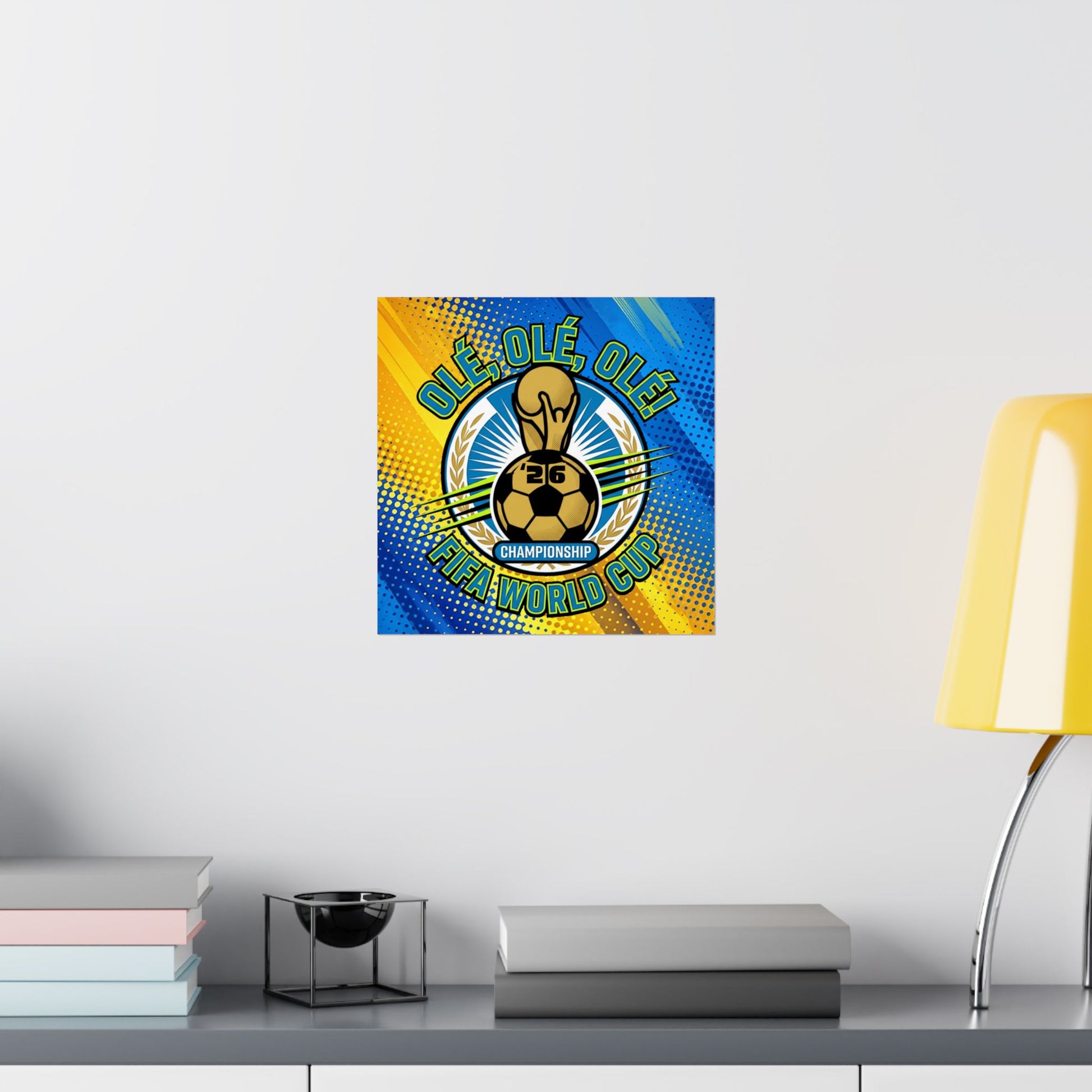 Decorative wall art with a soccer theme on a white wall above a shelf.