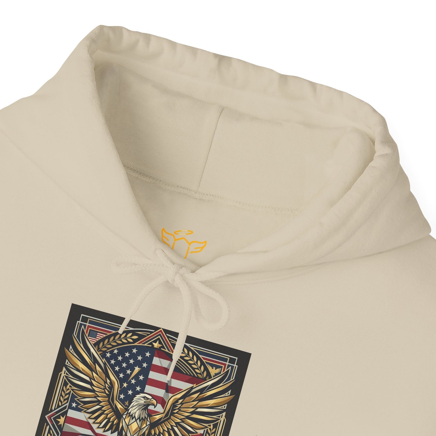 America 250 Years of Freedom Hoodie — USA 250th ANNIVERSARY Patriotic Hoodie, Beige hoodie with eagle and American flag design on a white background