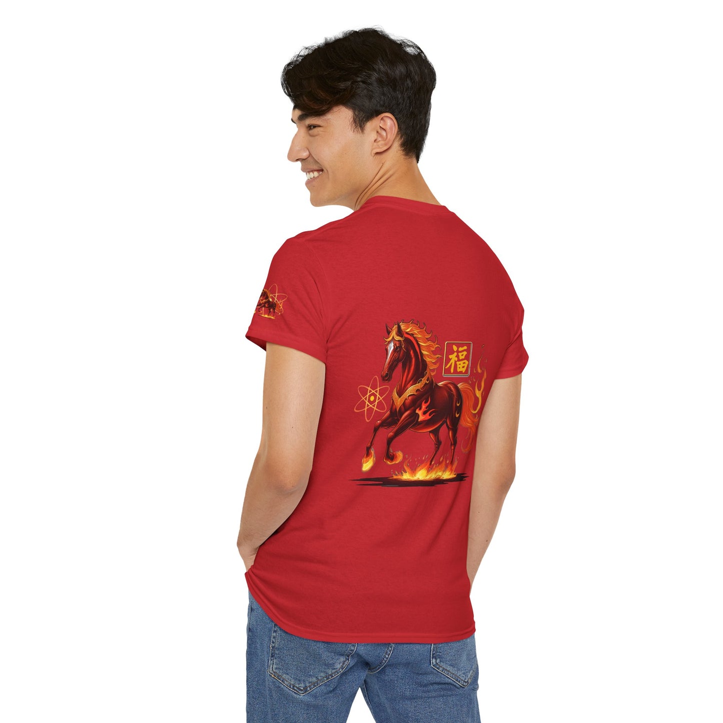Lunar New Year Fiery Horse Novelty T-Shirt, Person wearing a red t-shirt with a horse design on a white background