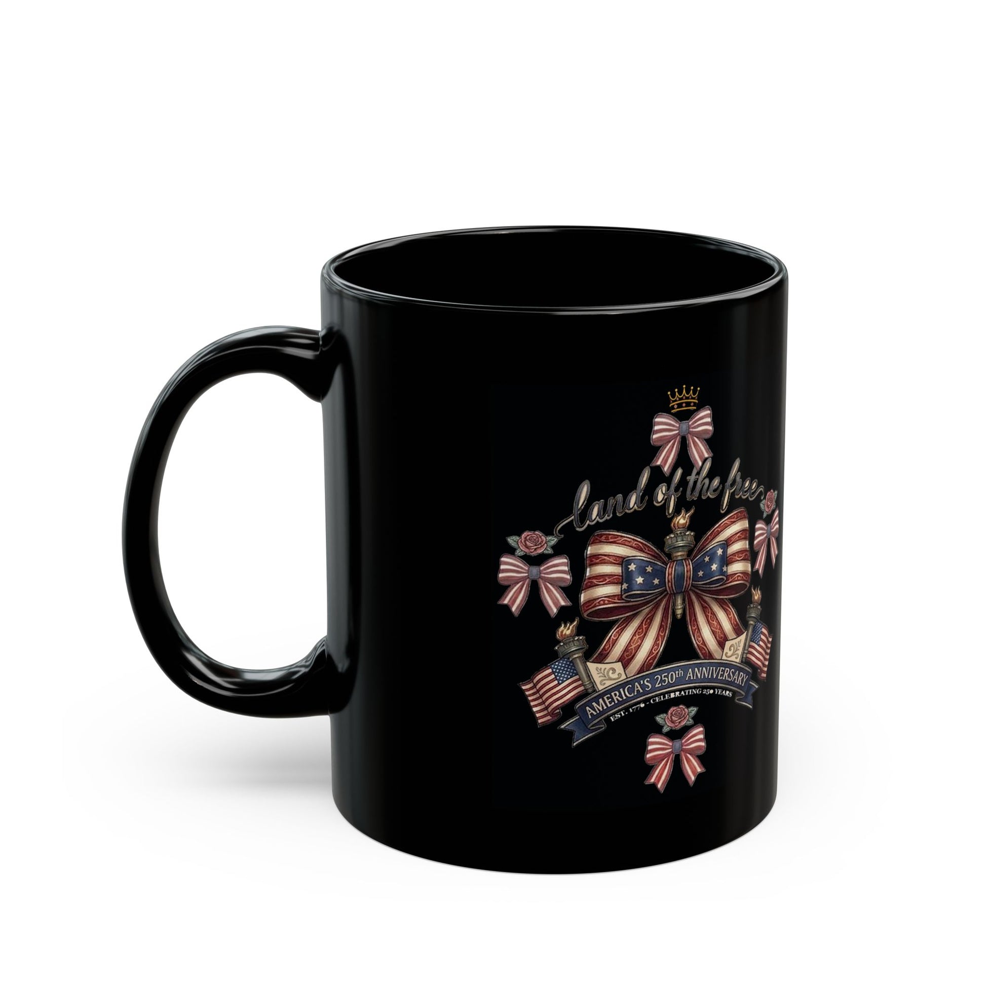 USA 250th ANNIVERSARY Ribbon Heart Black Mug — America 250 Years ANNIVERSARY Bow Ribbons Coffee Cup - Trending Novelties & Gifts