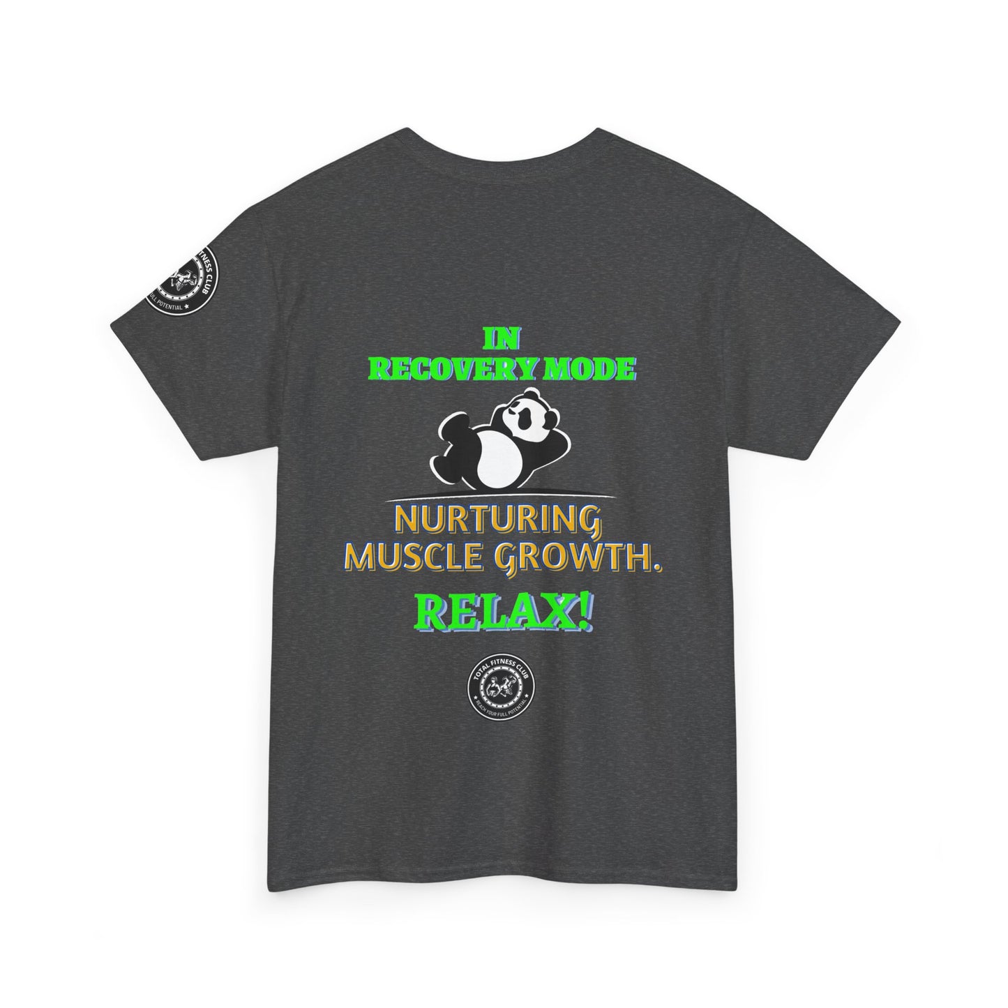 Fitness Funny Quotes T-shirt - Relax for Muscle Growth. Gray t-shirt with humorous text and panda graphic on a white background
