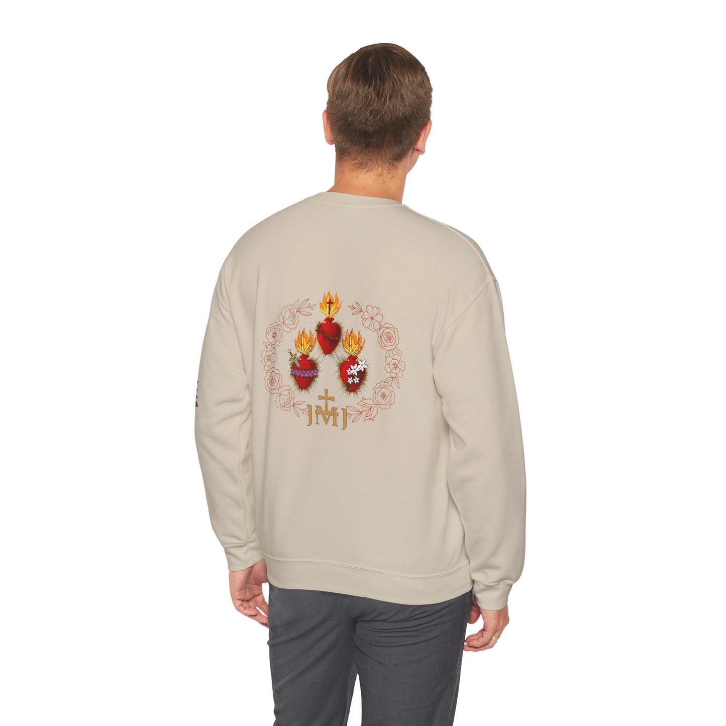 Sacred Hearts Crewneck Sweatshirt — Three Flaming Hearts with JMJ Cross (CT)
