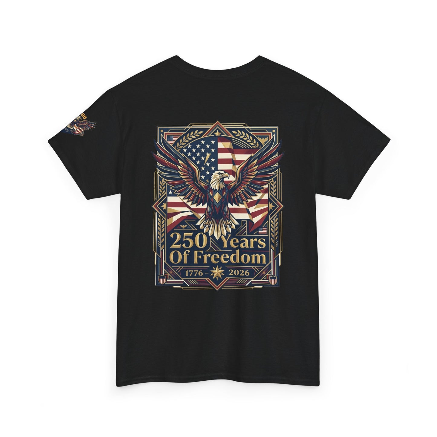250 Years of Freedom Eagle T-Shirt, Black t-shirt with American flag and eagle design on a white background