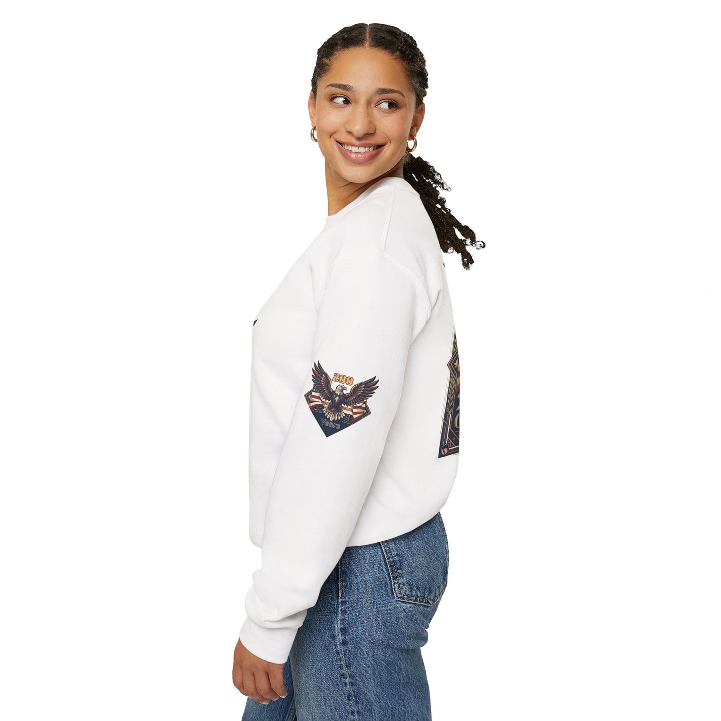 USA 250th ANNIVERSARY Crewneck Sweatshirt , Woman wearing a white sweatshirt with eagle design on a white background
