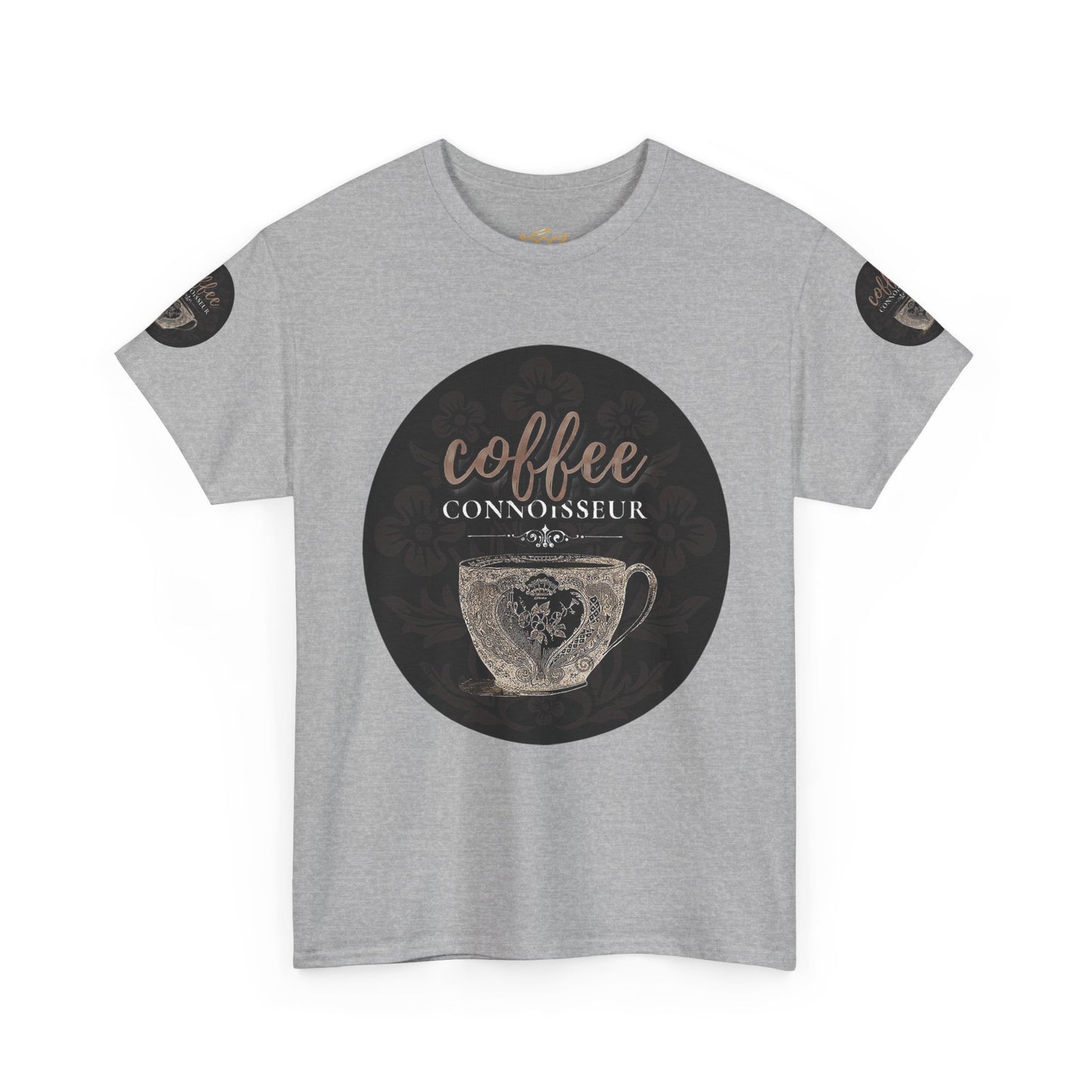 COFFEE LOVERS COTTON TEES For Connoisseurs, Gray t-shirt with 'coffee connoisseur' graphic on a white background