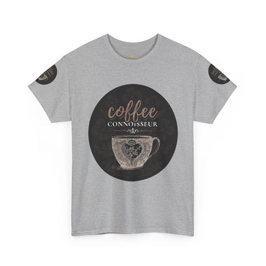 COFFEE LOVERS COTTON TEES For Connoisseurs, Gray t-shirt with 'coffee connoisseur' graphic on a white background