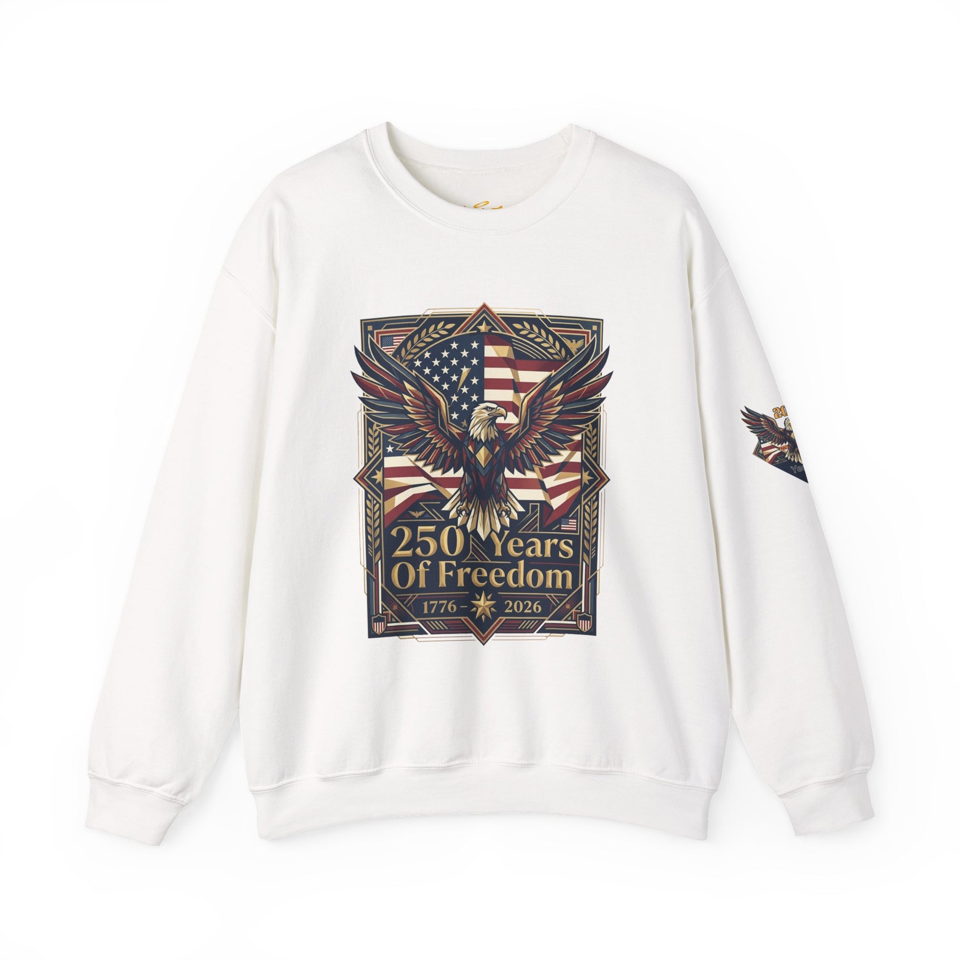 USA 250th ANNIVERSARY Crewneck Sweatshirt , White sweatshirt with eagle and American flag design on a white background