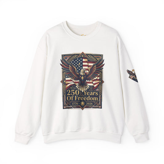 USA 250th ANNIVERSARY Crewneck Sweatshirt , White sweatshirt with eagle and American flag design on a white background