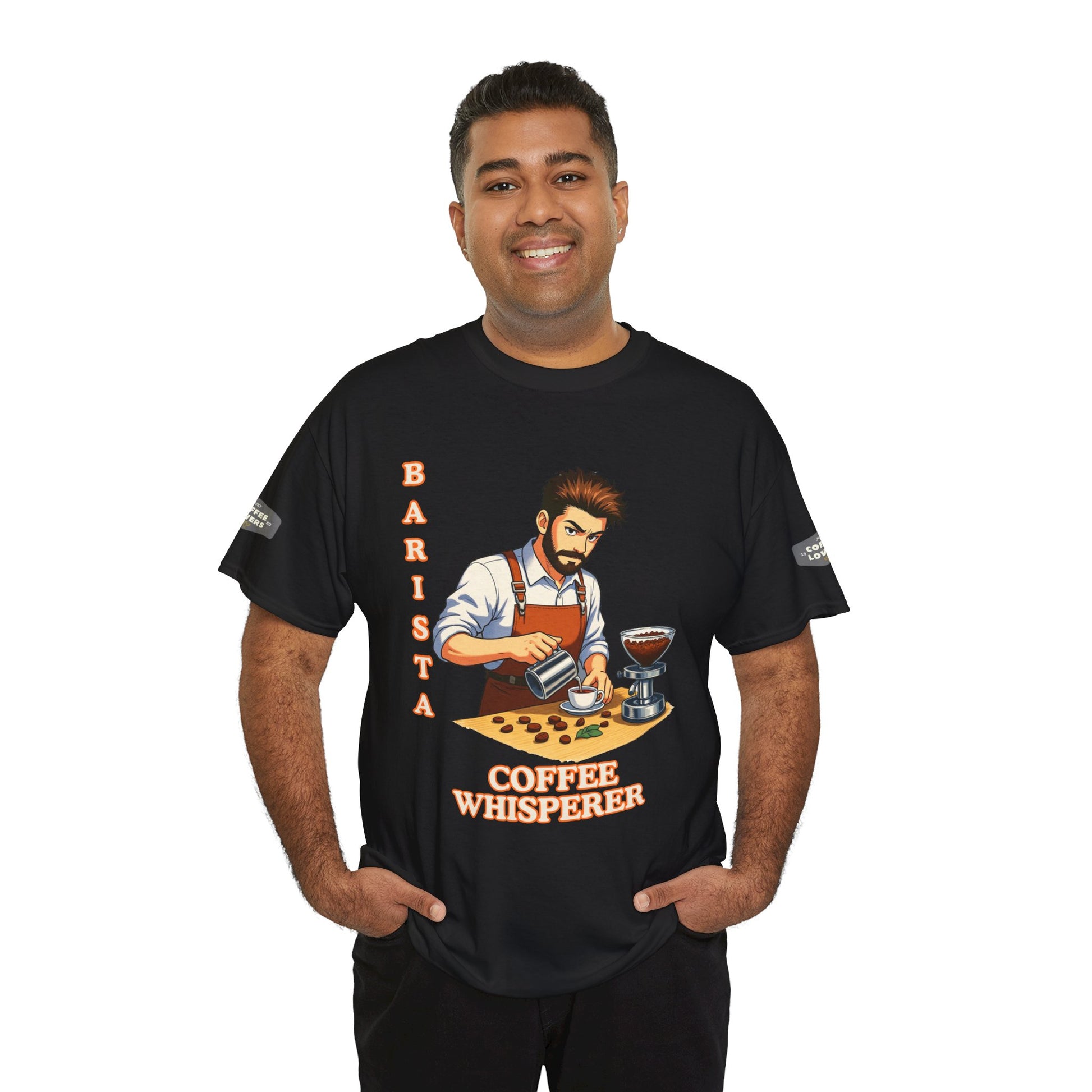 Coffee Lovers Cotton Tee for Male Barista,  Man wearing a black t-shirt with a graphic design and text on a white background