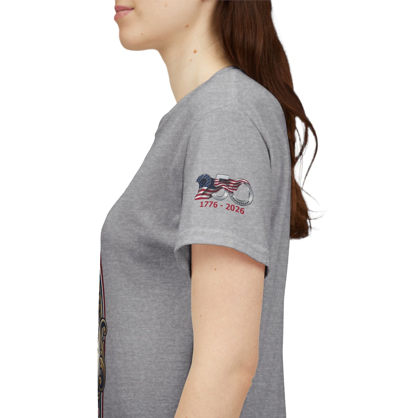 250 Years of Freedom T-Shirt — USA 250TH Anniversary Patriotic Eagle Tee, Gray t-shirt with a logo on the sleeve worn by a person, on a white background