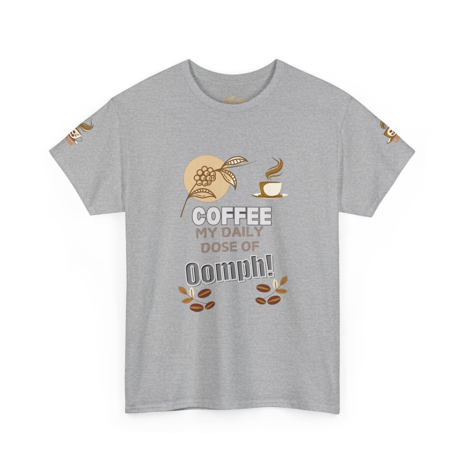 Coffee Lover's Heavy Cotton Unisex T-shirt, Gray t-shirt with coffee-themed graphic and text on a white background