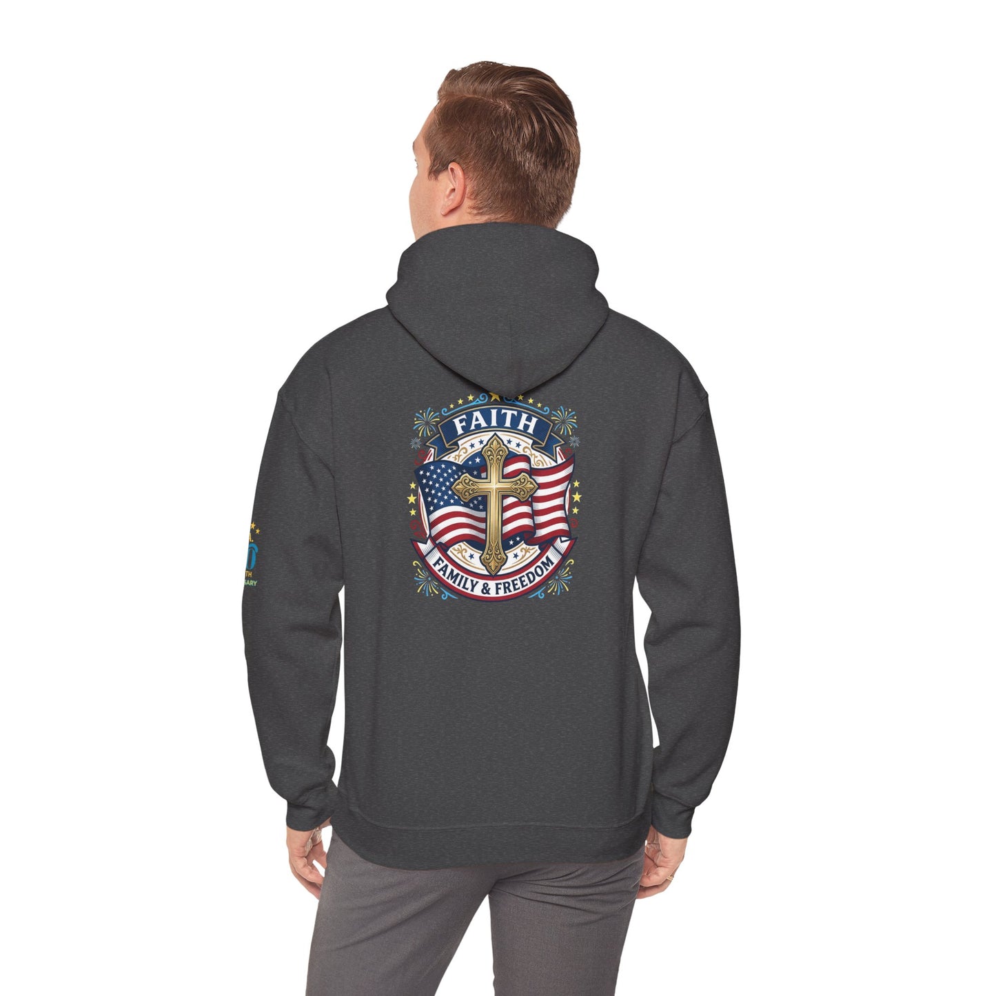 Faith, Family & Freedom Hoodie — Patriotic Cross American Flag Sweatshirt (USA 250th)