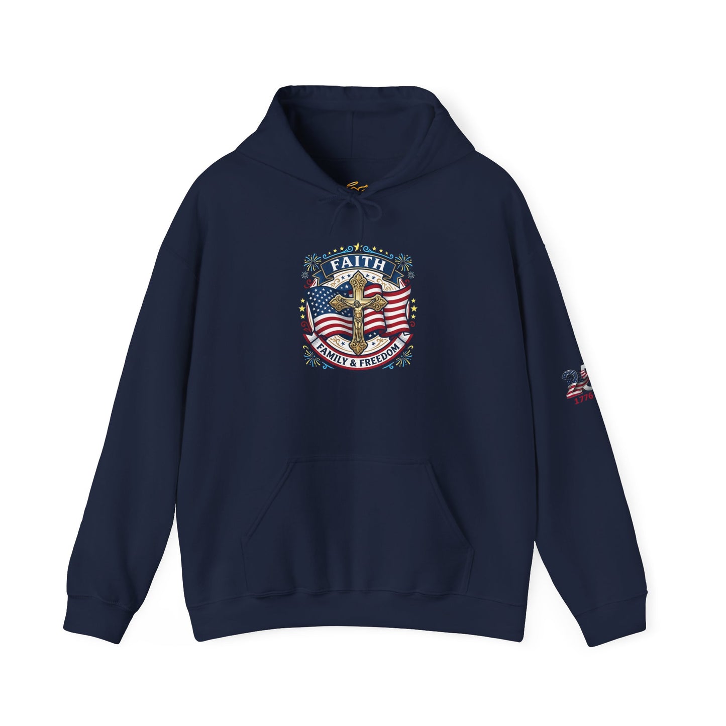 Catholic Faith, Family & Freedom Hoodie — American Flag Cross Patriotic Pullover (USA 250th)