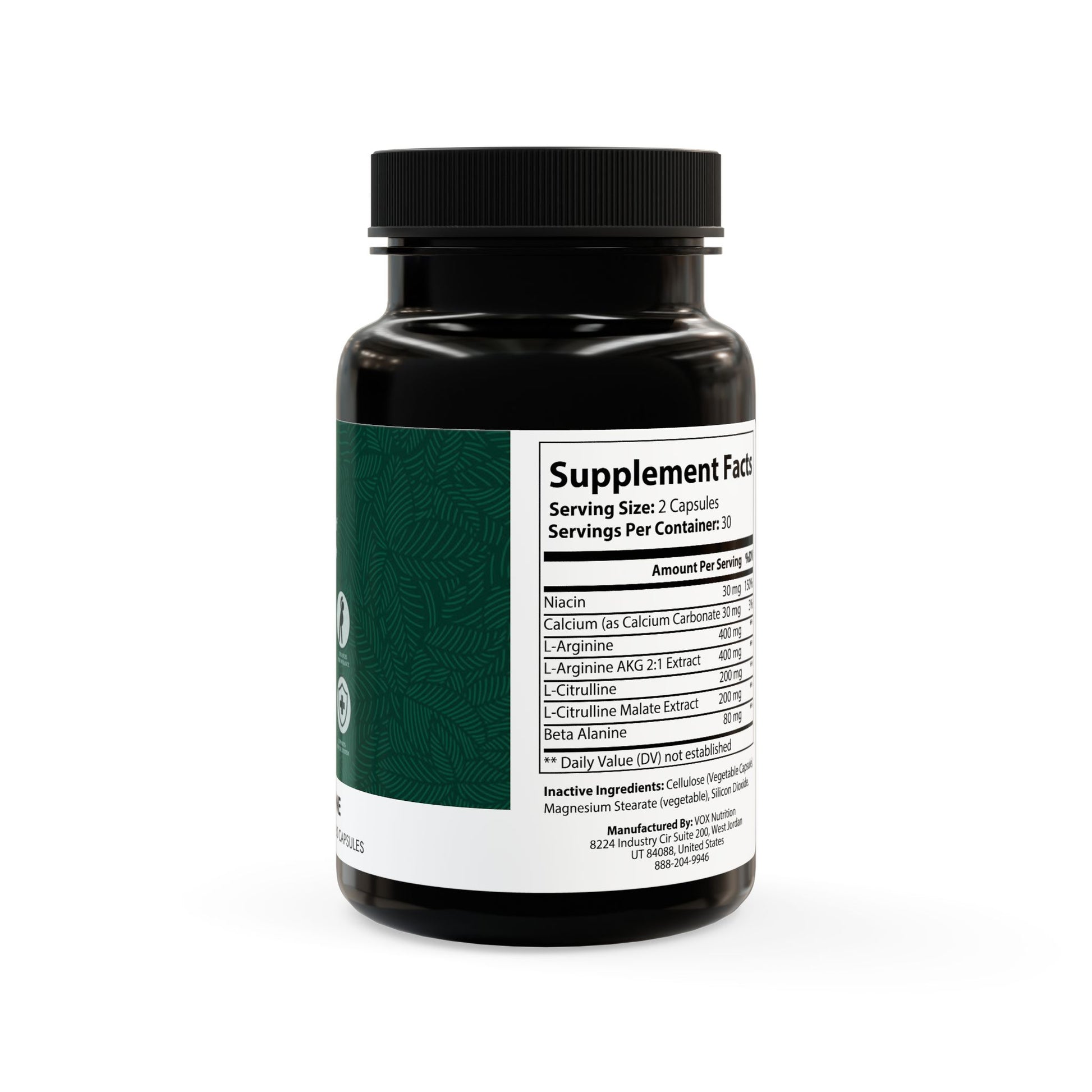 Black supplement bottle with white label on a white background, L-Arginine Supplement