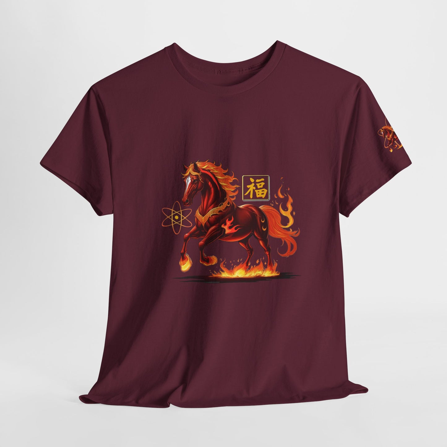 Lunar New Year Fiery Horse Novelty T-Shirt, Maroon t-shirt with a fiery horse design on a white background