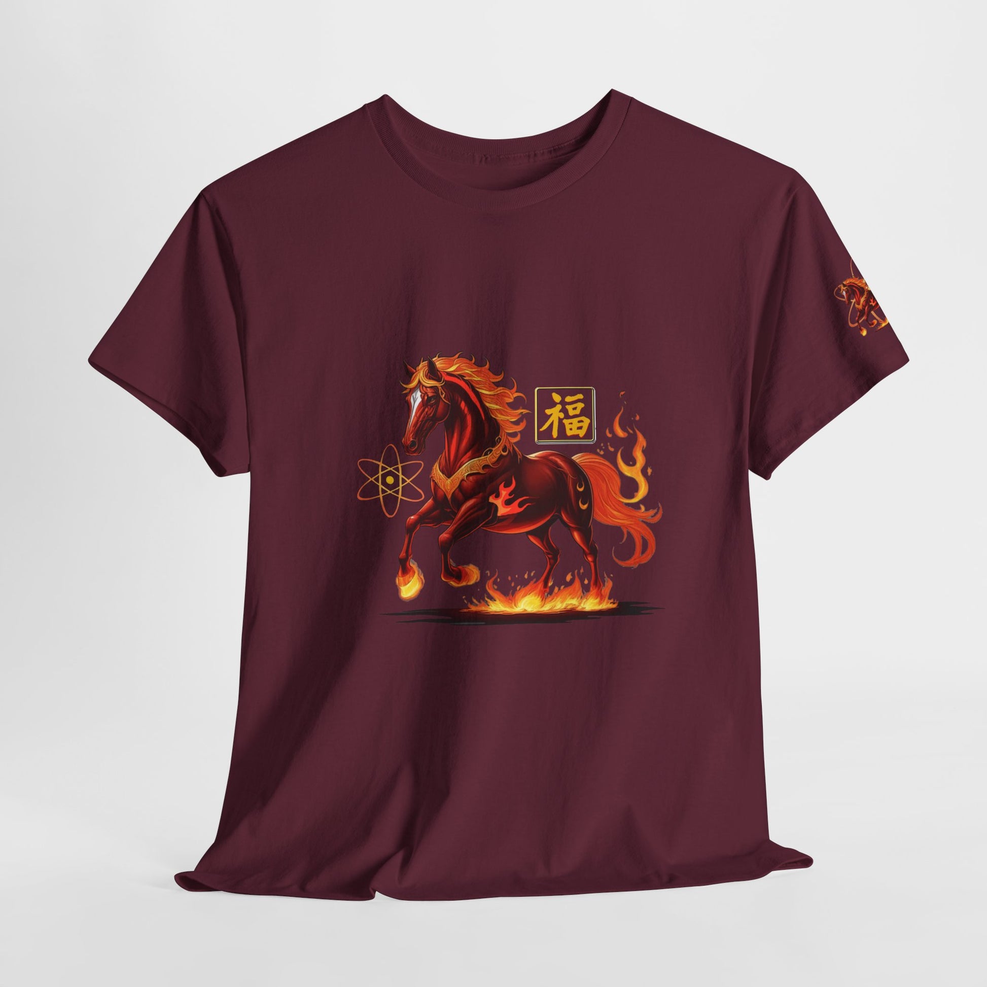 Lunar New Year Fiery Horse Novelty T-Shirt, Maroon t-shirt with a fiery horse design on a white background