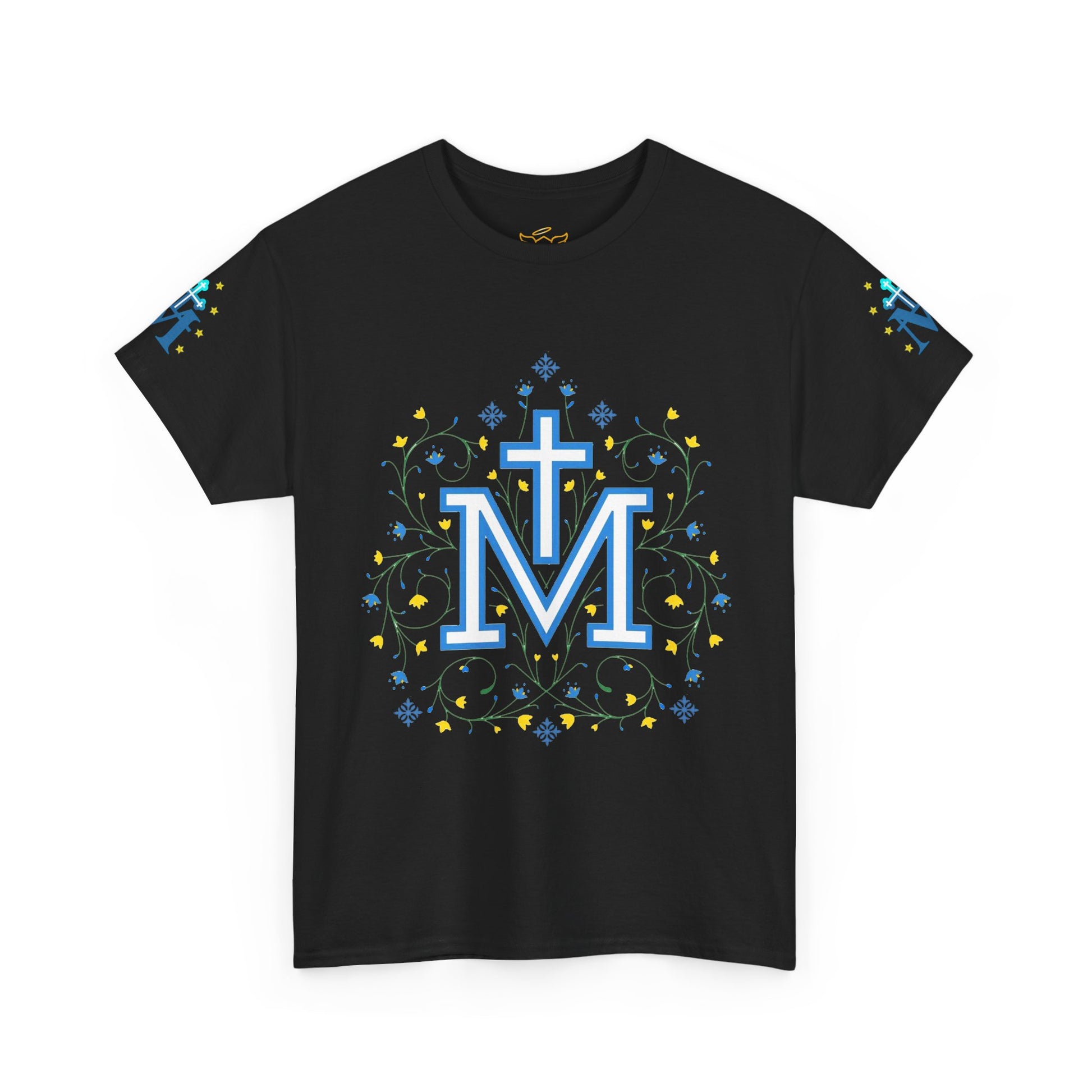 Marian Symbol T-shirt Unisex Heavy Cotton Tee, Black t-shirt with blue and yellow design featuring a cross and letter 'Marian symbol' 