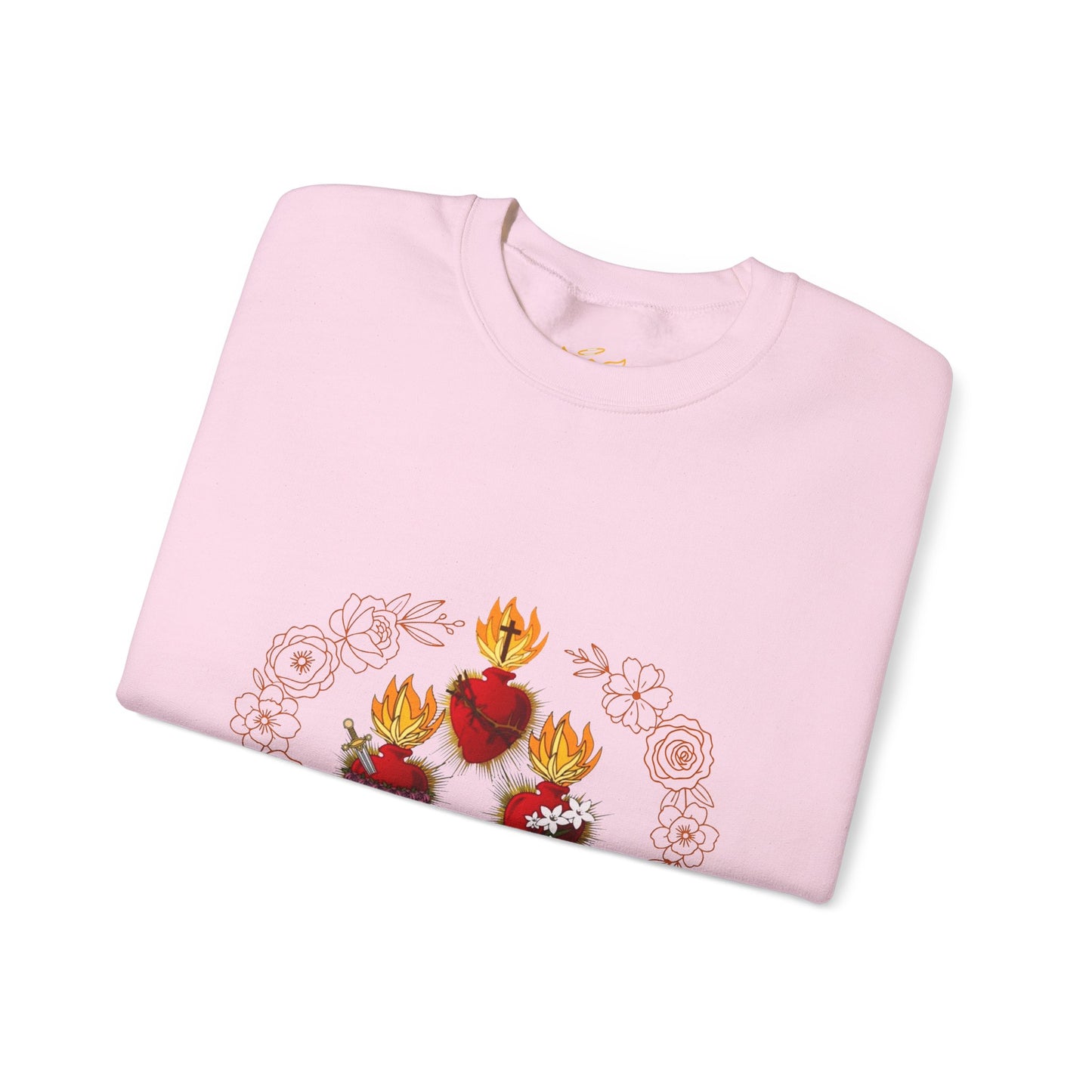 Sacred Hearts Crewneck Sweatshirt — Three Flaming Hearts with JMJ Cross (CT)