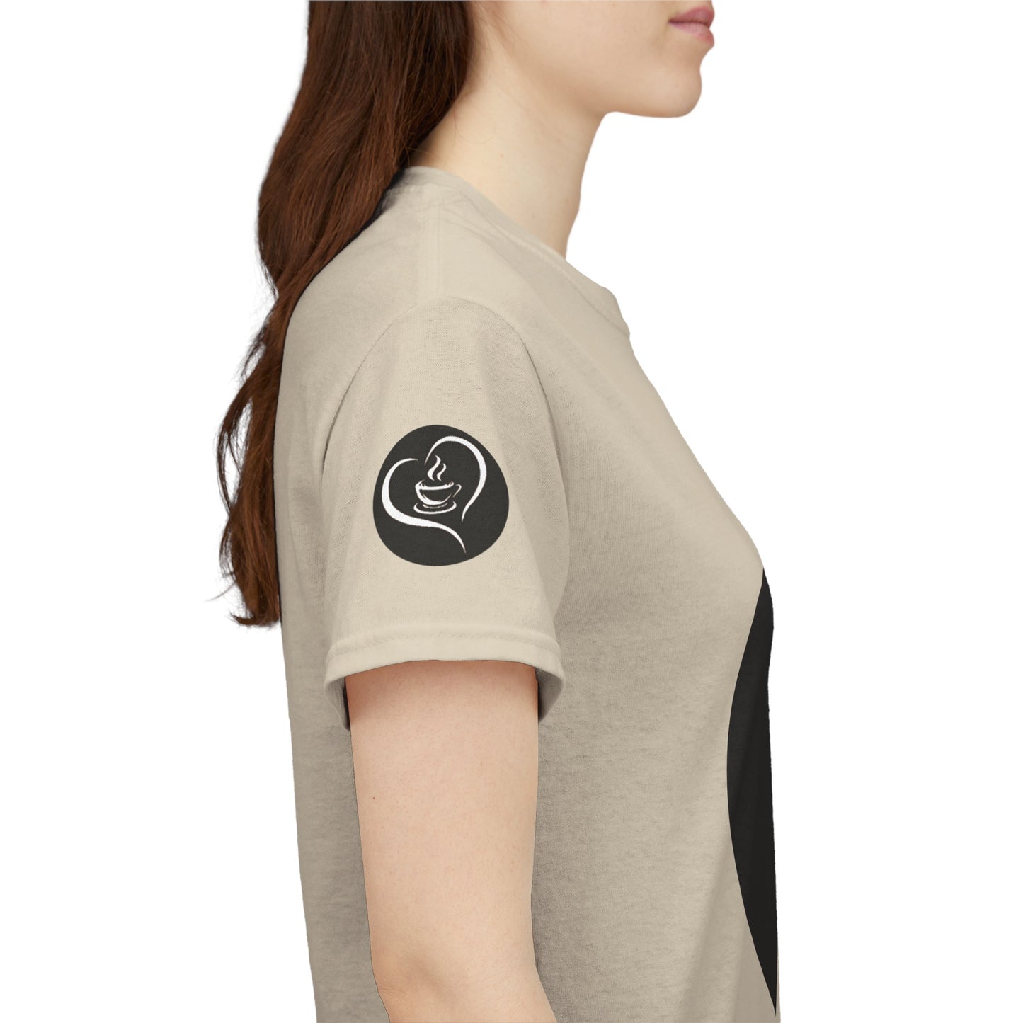 Coffee Lovers Ladies Tee - COFFEE and FRIENDS the Perfect Blend, Person wearing a beige t-shirt with a black logo on the sleeve against a white background