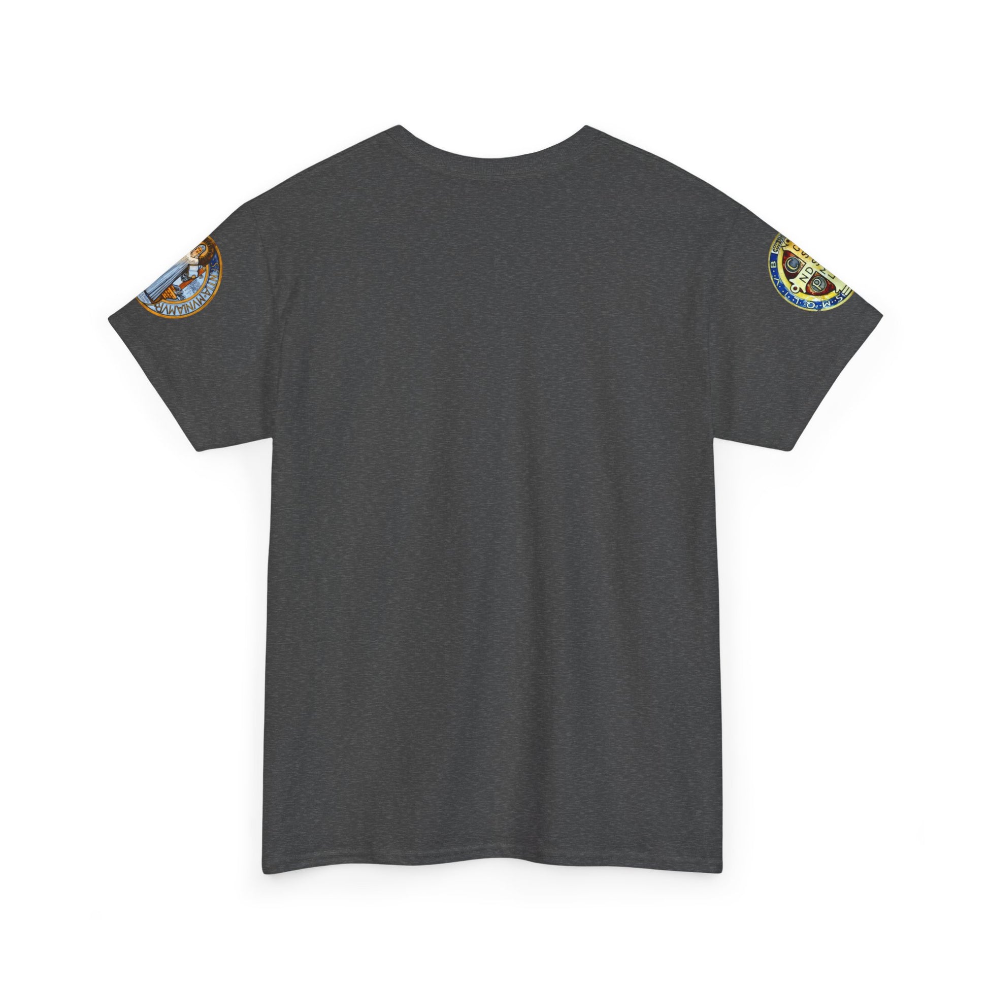 Saint Benedict Medal Unisex T-shirt, Gray t-shirt with patches on the sleeves on a white background