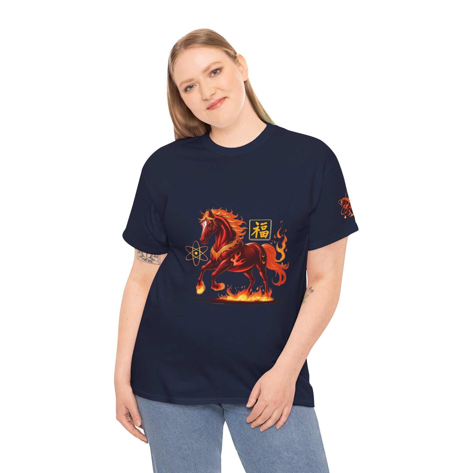 Lunar New Year Fiery Horse Novelty T-Shirt, Person wearing a navy blue t-shirt with a horse graphic design on a white background