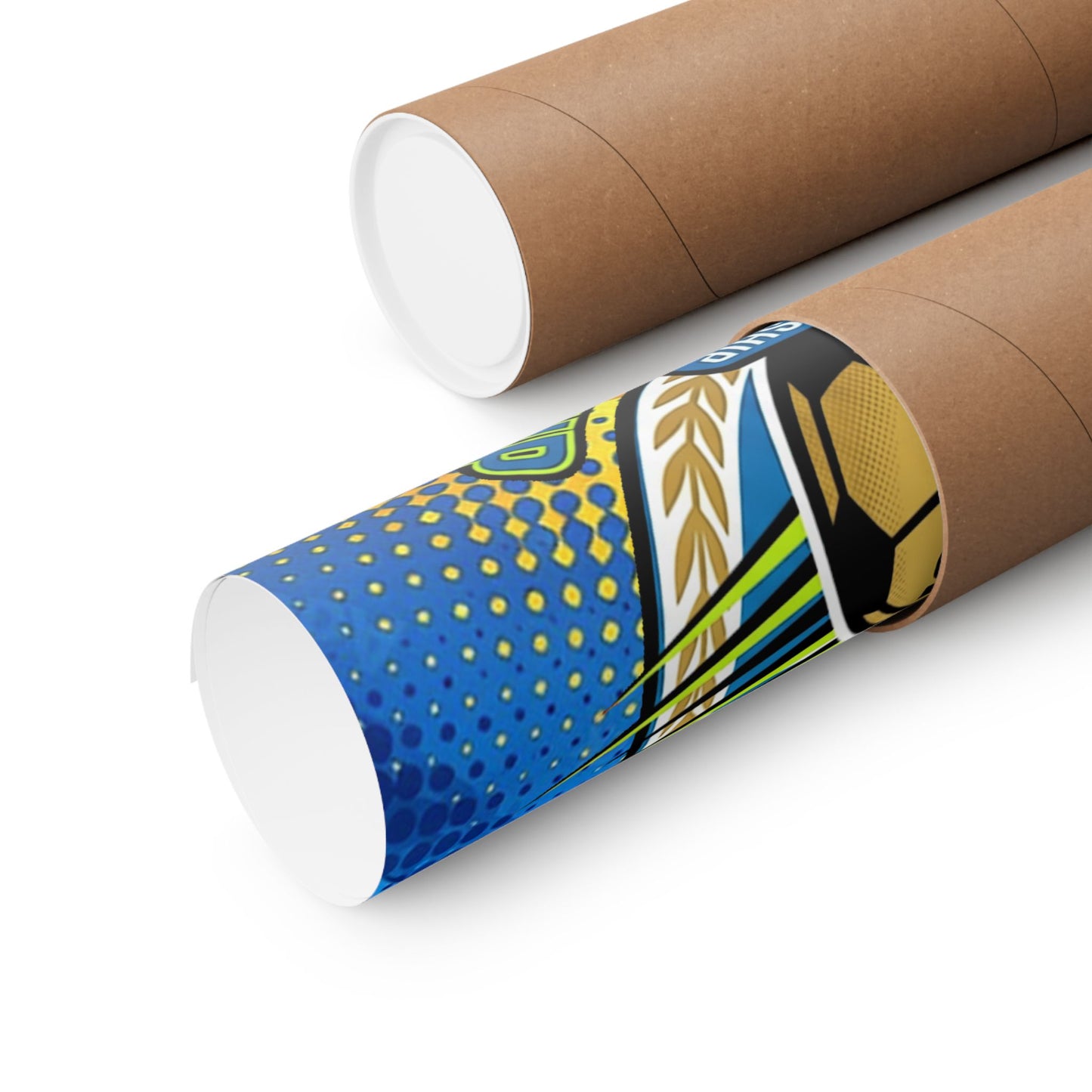 Roll of decorative paper with a blue and gold design on a white background