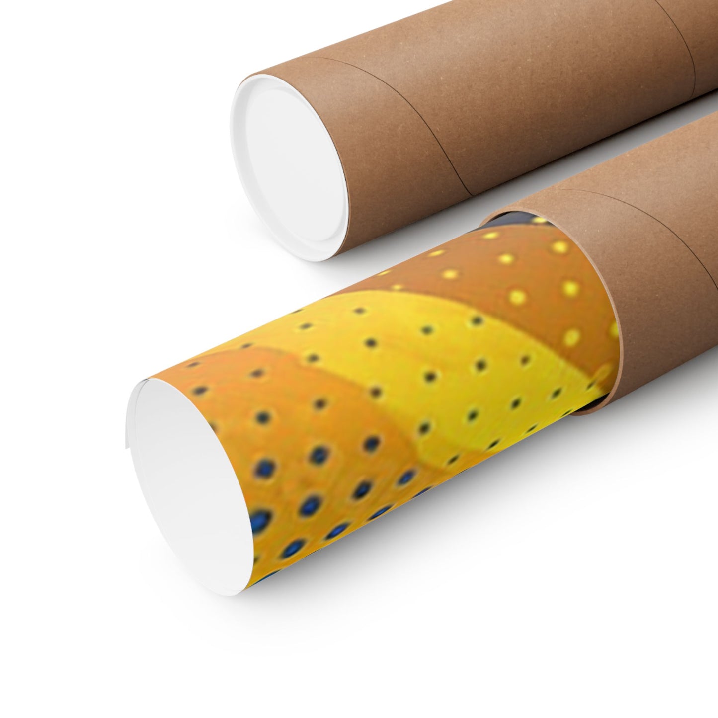 Two cardboard tubes, one with a white cap and the other with a yellow and blue patterned cap, on a white background.